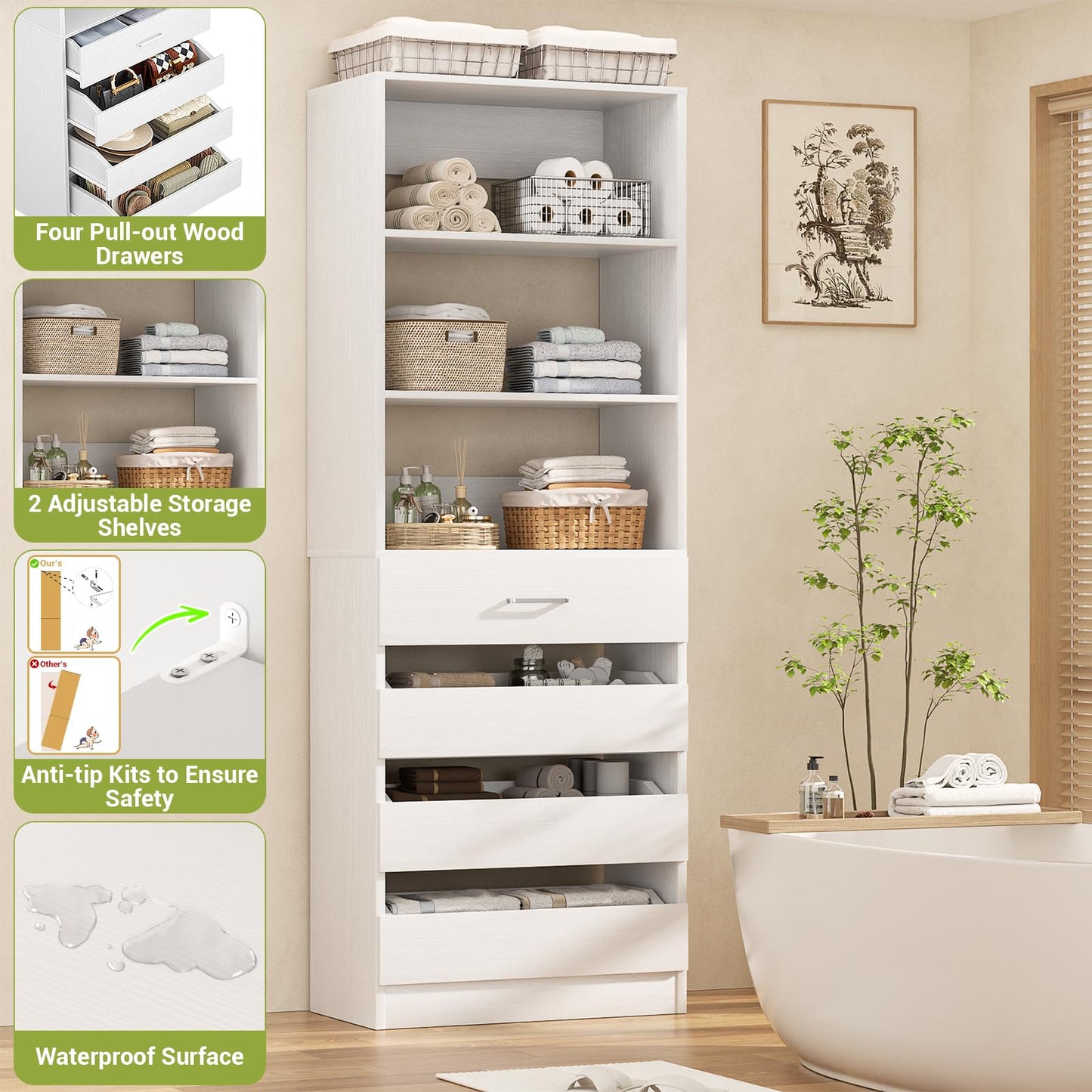 Aheaplus 21.3" Closet System with 4 Drawers, Wood Closet Organizer with Open Shelves, Modular Drawers System Tower, Walk-in Closets Small Wardrobe Rack, Tall Storage Cabinet Unit, White