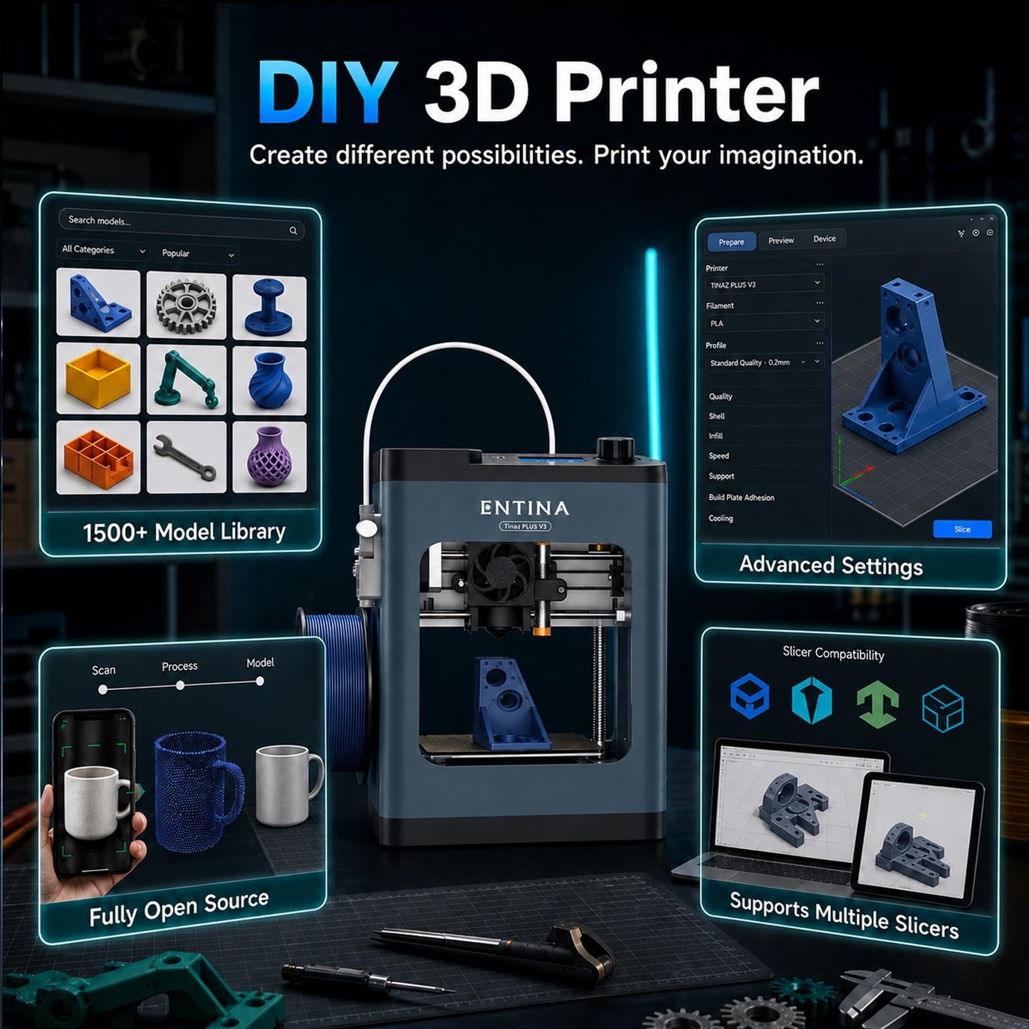 ENTINA TINA2PLUS 3D Printer,250 mm/s Fast Printing,Fully Assembled,Auto Leveling,245℃ Quick-Detach Nozzle,Dual-Sided PEI Coating Plate,Mini 3D Printer with Wi-Fi & App Control-from Beginners to Makers