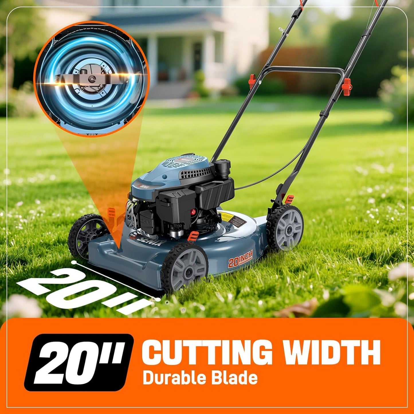 SENIX 20 inch Gas Push Lawn Mower, 144 cc 4-Cycle OHV Engine Push Mower, Side Discharge, 5 Position Cutting Height Adjustment, Low Noise & Fuel-Efficient for Lawn, Yard and Garden (LSPG-L5)