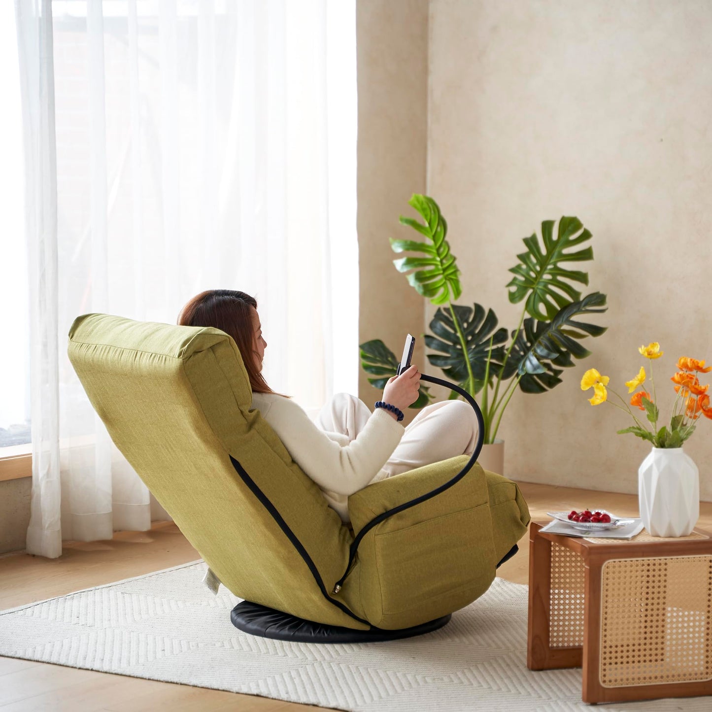 Noble House Home Furnishings Gwen Upholstered 360° Swivel Chair, Lounge Chair with Adjustable Backrest/Headrest, Metal Frame Living Room Lounge Sofa and Phone Holder, Comfy Bean Bag Chair, Green