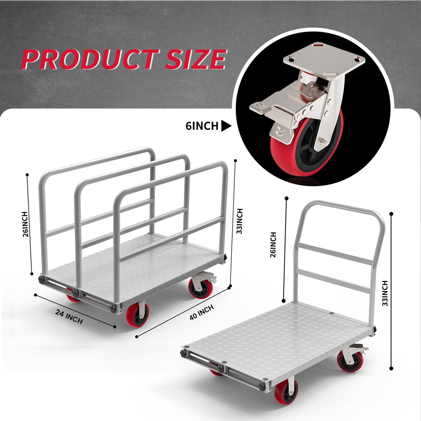 PHEXOD 2IN1 Steel Panel Truck Cart, Lumber Cart Drywall Dolly，2500LBS Heavy Duty Flatbed Cart Dolly with 6" Swivel Brake Wheels, 40x24INCH 2MM Plate Platform Truck with 1Front and 3Side Handrails