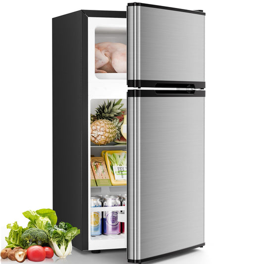 Antarctic Star Mini Fridge with Freezer, Double Door Compact Refrigerator, Adjustable Thermostat, Small Fridge for Bedroom Office Dorm Apartment, 2.45 Cu.Ft Silver