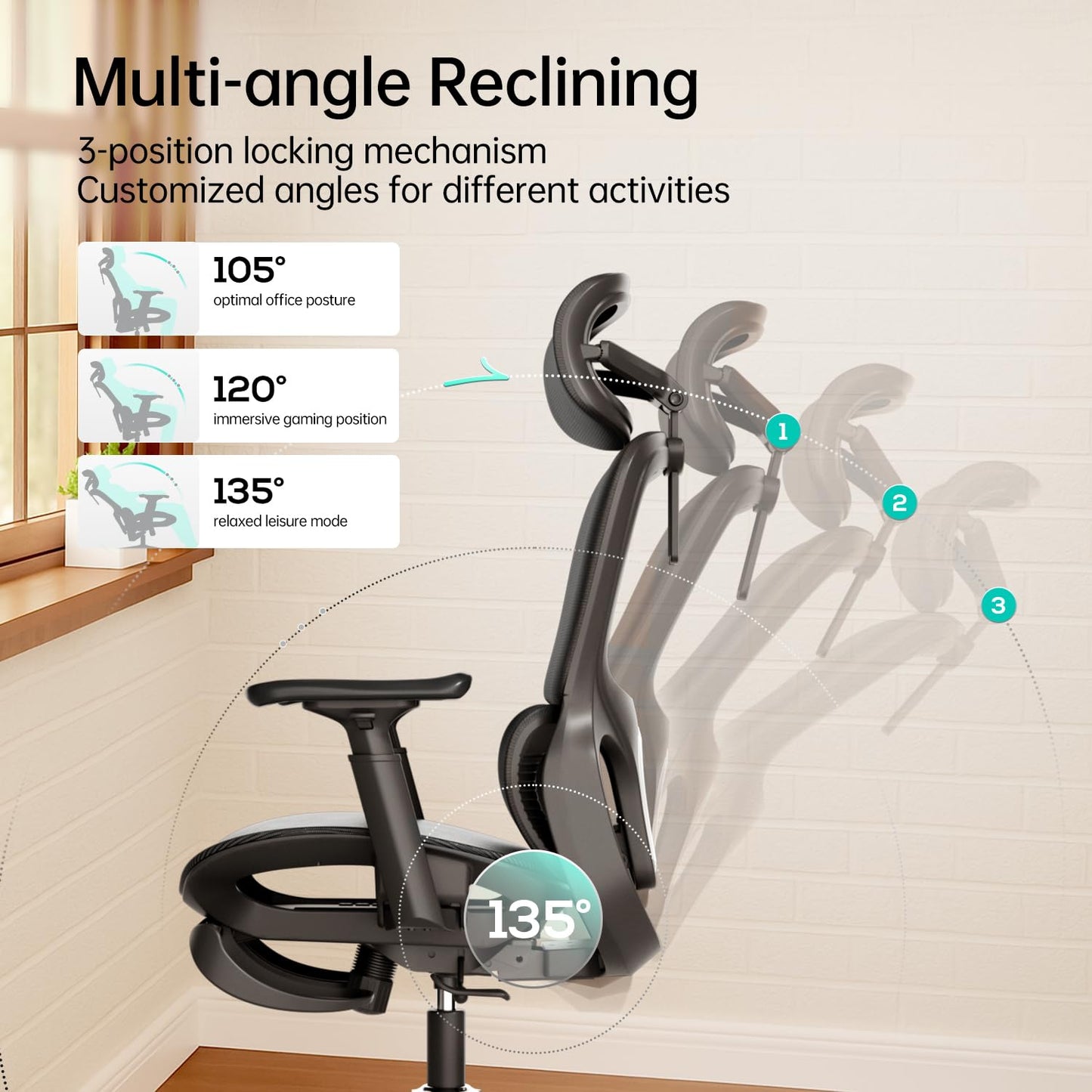 Hbada P2 Ergonomic Office Chair, Office Chair with 3D Lumbar Support, Mesh Chairs with 3D 360° Rotation Arm & 3D Headrest, 135° Stepless Tilt Function, Black(with Footrest)