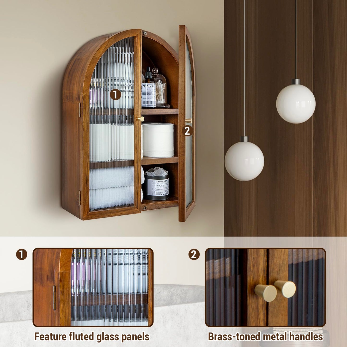 MyGift Medicine Cabinet, Arched Wall Cabinet, Bathroom Medicine Wall Mounted Cupboard, Mid Century Style Floating Storage Cabinet with Glass Door, Natural Acacia Wood