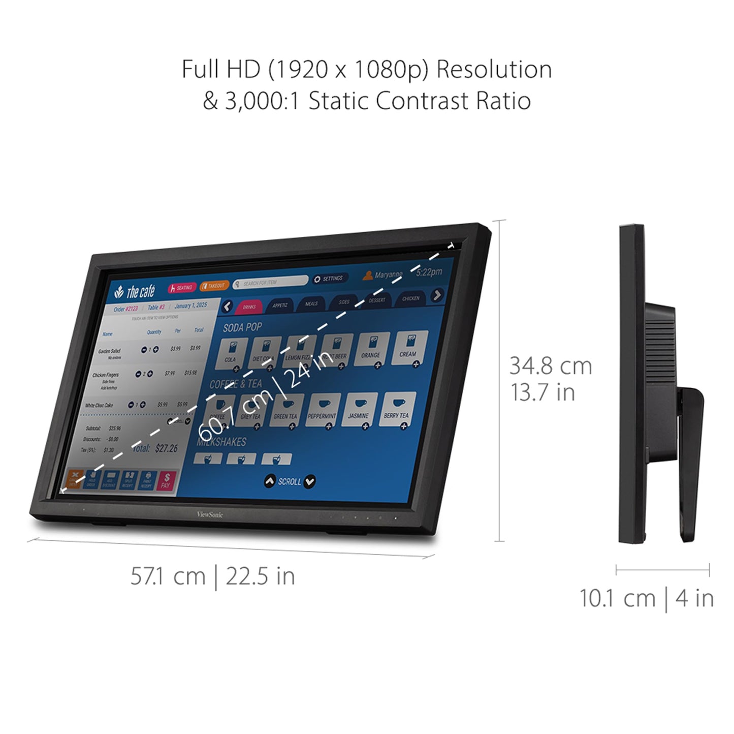 ViewSonic TD2423D 24 Inch 1080p Touch Screen Monitor, 10-Point Multi IR Touch for Retail POS and Kiosk, 7H Scratch-Resistant Glass, Eye Care, 100x100mm VESA Compatible, HDMI, VGA, DisplayPort, USB Hub