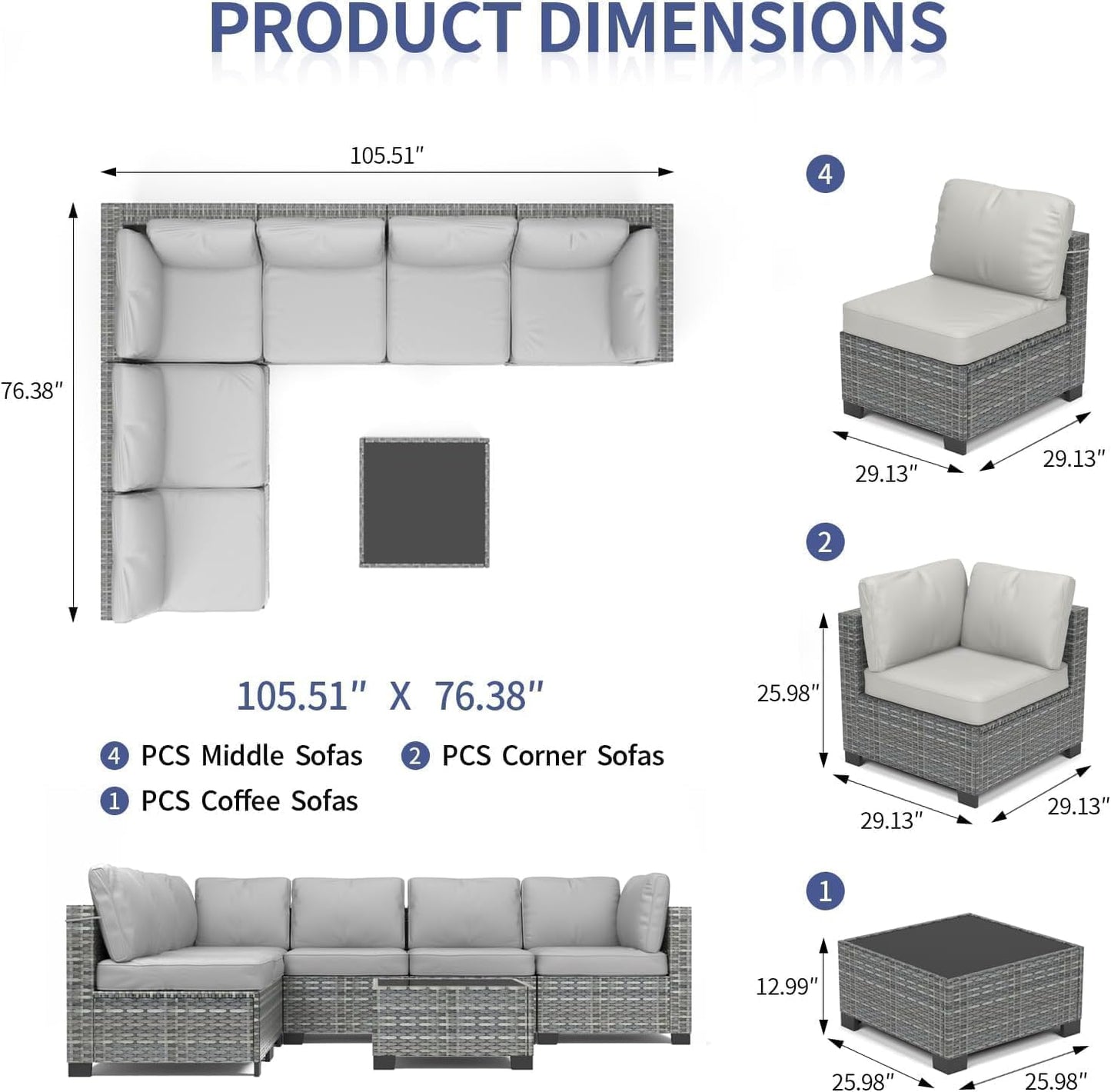 7 Piece Patio Furniture Set, All-Weather PE Wicker Sectional Sofa with Tempered Glass Coffee Table - Outdoor Conversation Set for Poolside, Garden, Porch in Grey + Light Grey
