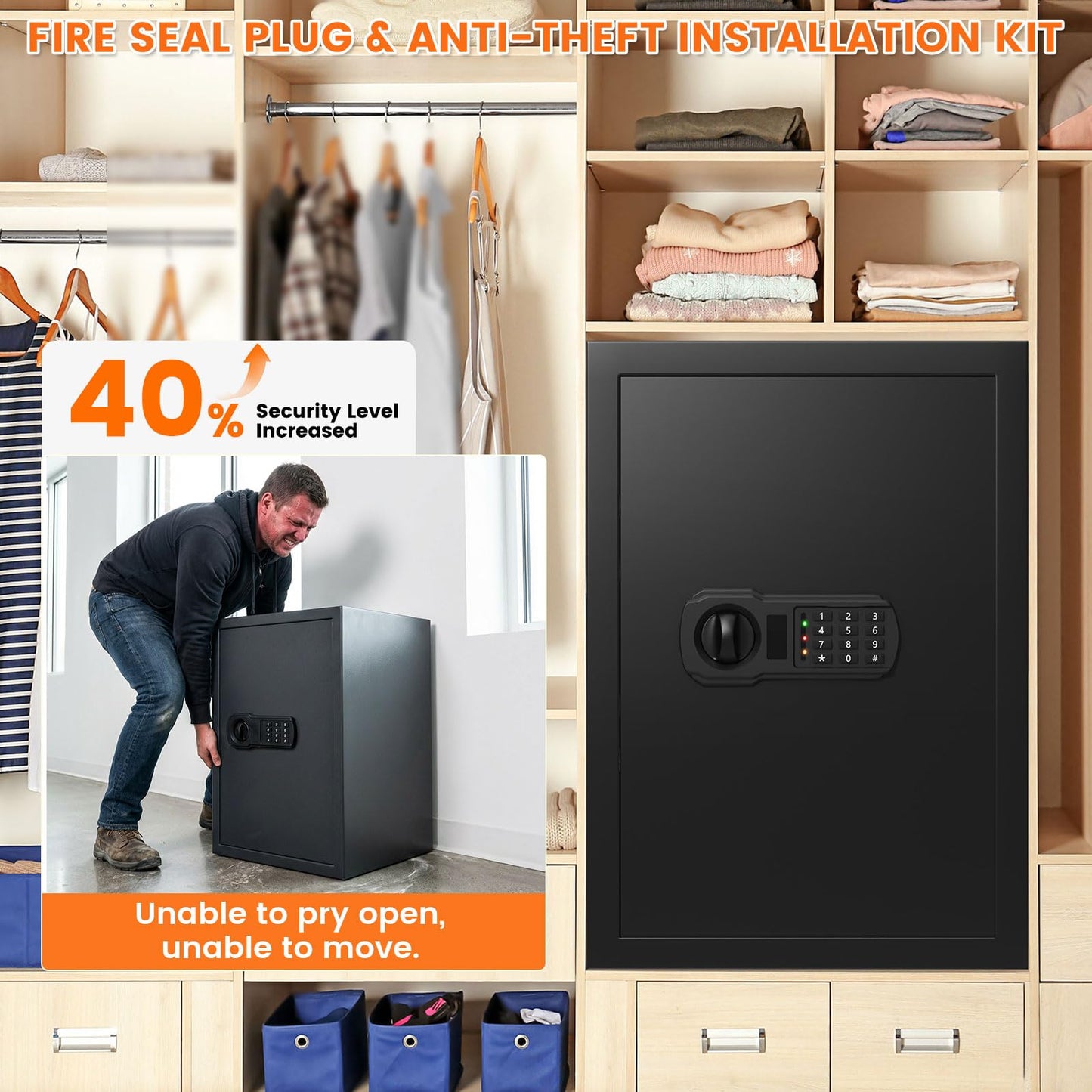 3.6 cu ft Large Fire Proof Safe Box for Home Use, 35Lb Fireproof Safe with Fire Insulation & Backup Combination Lock, Heavy Duty Security Safe for Cash Passport Firearm Valuable, Anti-Theft Wall Mount