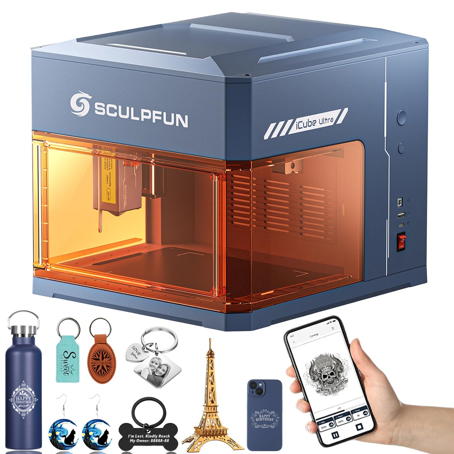 SCULPFUN iCube Ultra Laser Engraver, 12000mW Class 1 Laser Cutter with Smoke Filter, 150×135mm Work Area, Fully Enclosed Engraving Machine for Wood, Acrylic, Leather, Coated Ceramic, Oxidized Metal