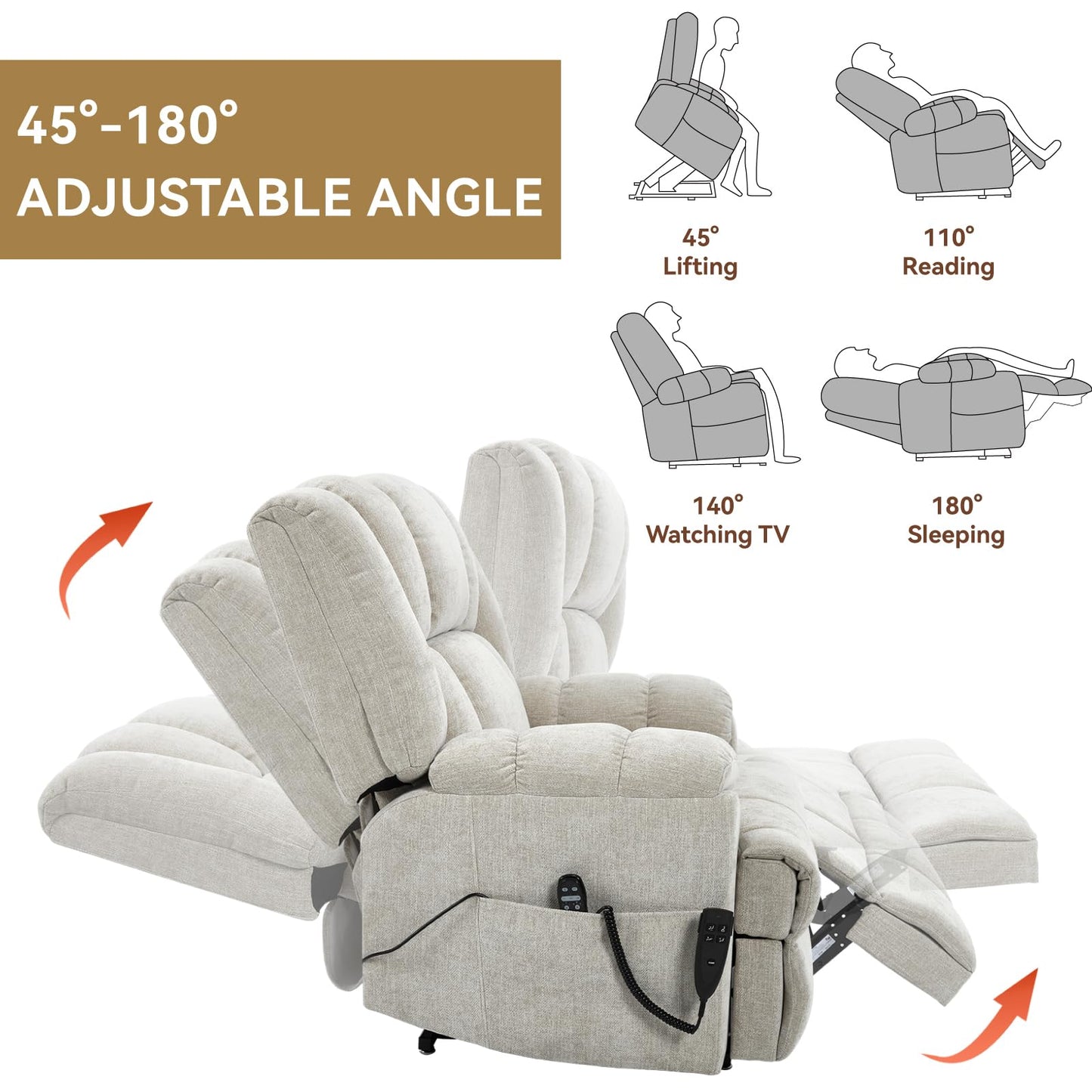 KEIKI Oversized Dual Motor Power Lift Recliner Chair for Elderly, Chenille Upholstery Breathable Rocking Chair with Back Massager and Heated, Living Room Lounge and Family Comfort, Beige