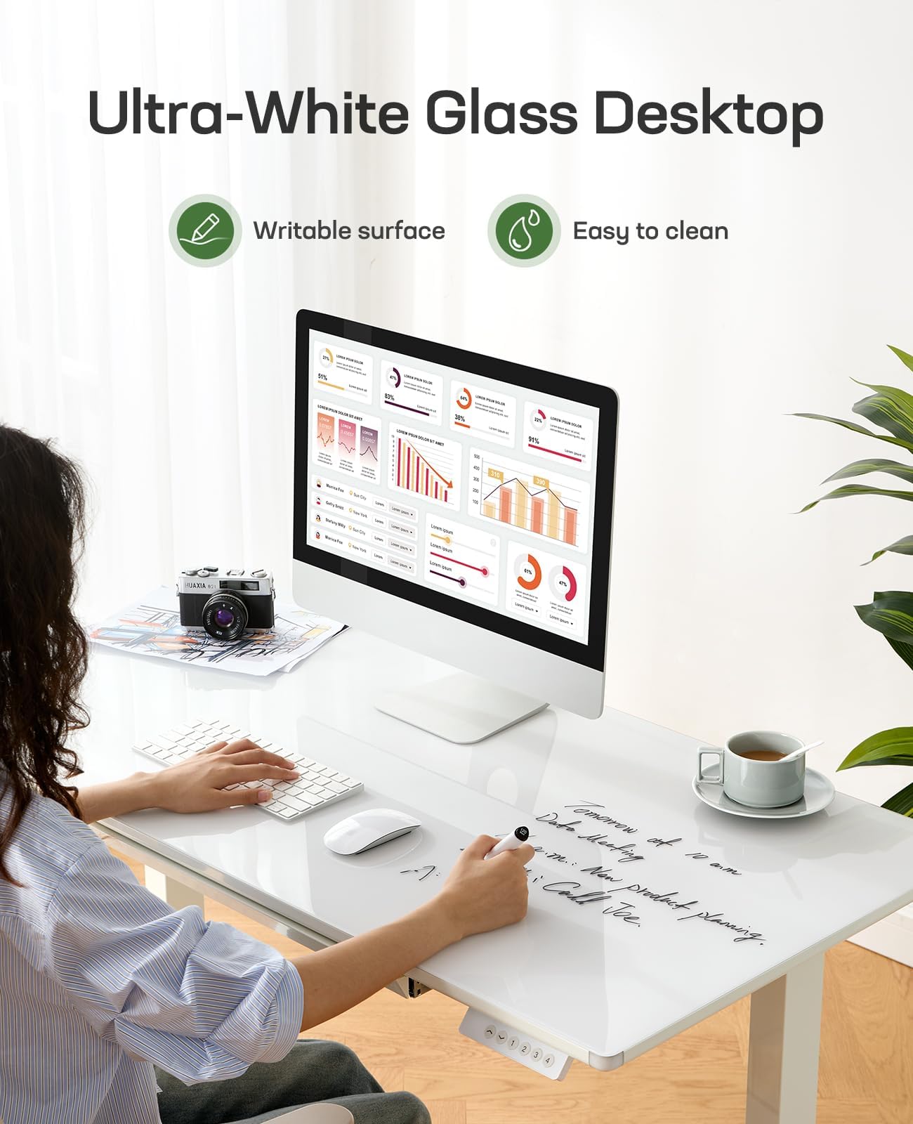Marsail Glass Electric Standing Desk with Drawer, 40 x 24 Inches Height-Adjustable Desk, One-Piece Tempered Glass Top, Ergonomic Home Office Sit Stand Desk with 4 Preset Heights, White