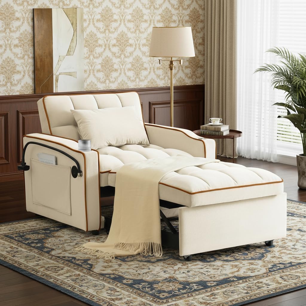 Trygoal Convertible Sleeper Chair, Chairs Bed Sleepers for Adults, Pull Out Chair Sleeper with Bracket and Cup Holder, 3 in 1 Sofa Bed Chairs for Small Spaces, Living Room, White