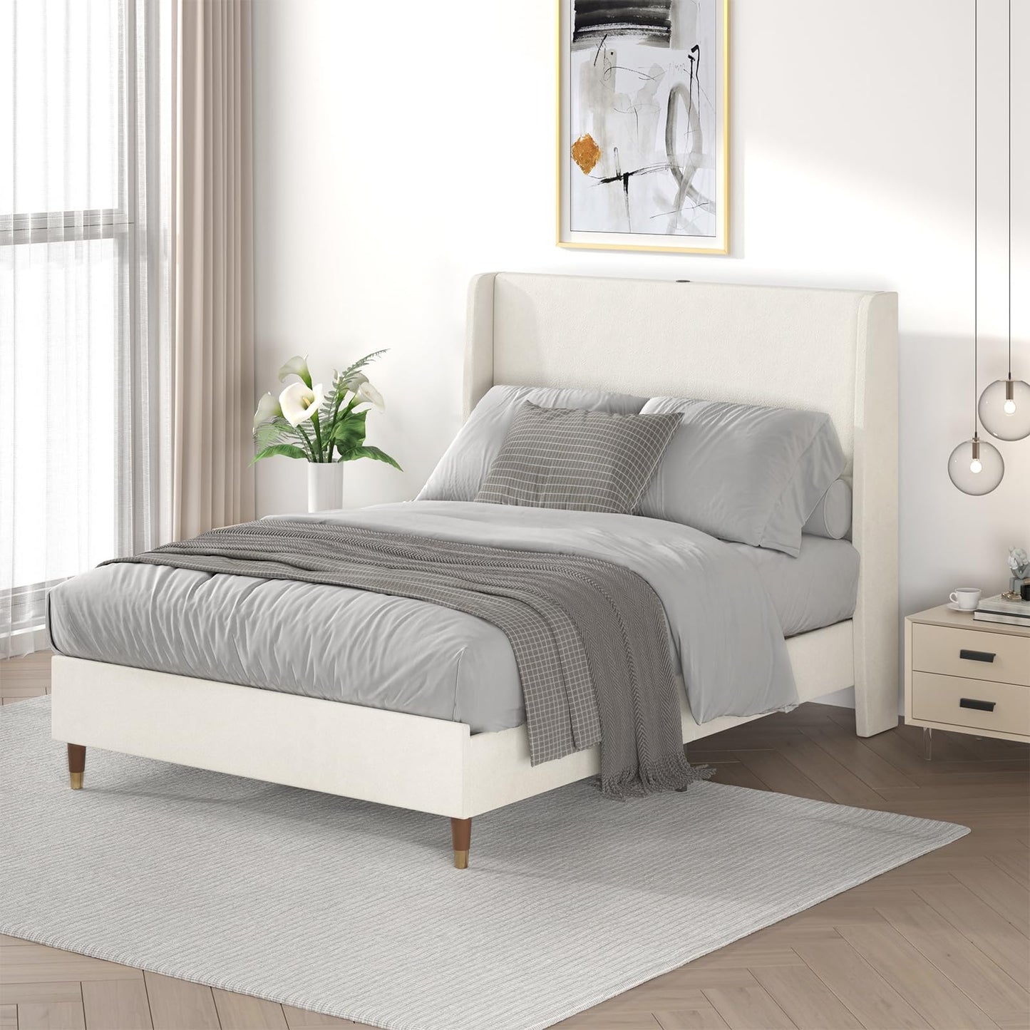 MALOL Full Bed Frame with Upholstered Linen Headboard, Platform Bed with USB Charging Ports, Sturdy Metal Frame, No Box Spring Required, Quiet Noise-Free Modern Bedroom Furniture, Beige
