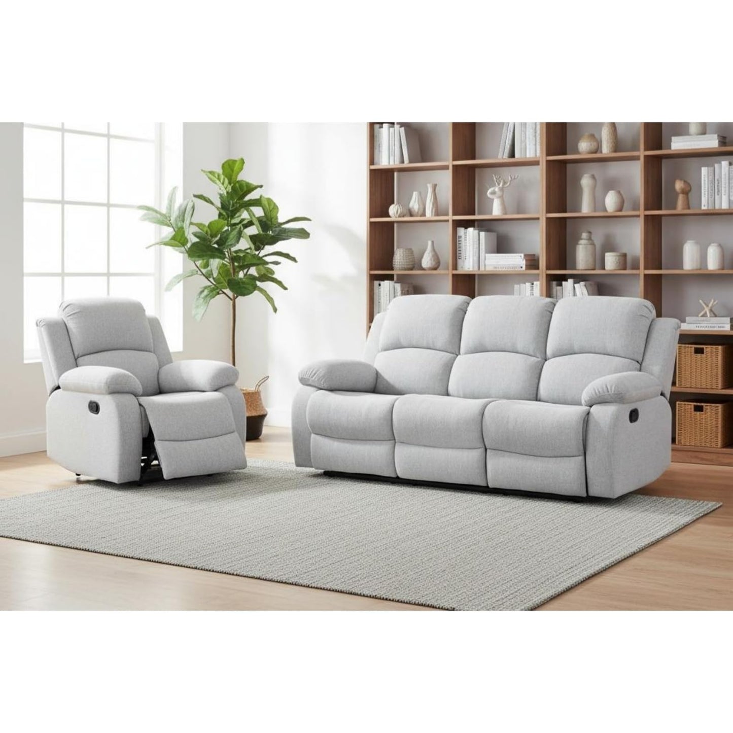 Trygoal Manual Recliner Sofa Set, Linen Reclining Living Room Furniture Set, Adjustable Backrest Reclining Chair & a 3 Seater Couch Furniture Set for Living Room & Home Theater, White Grey