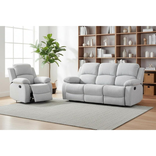 Trygoal Manual Recliner Sofa Set, Linen Reclining Living Room Furniture Set, Adjustable Backrest Reclining Chair & a 3 Seater Couch Furniture Set for Living Room & Home Theater, White Grey
