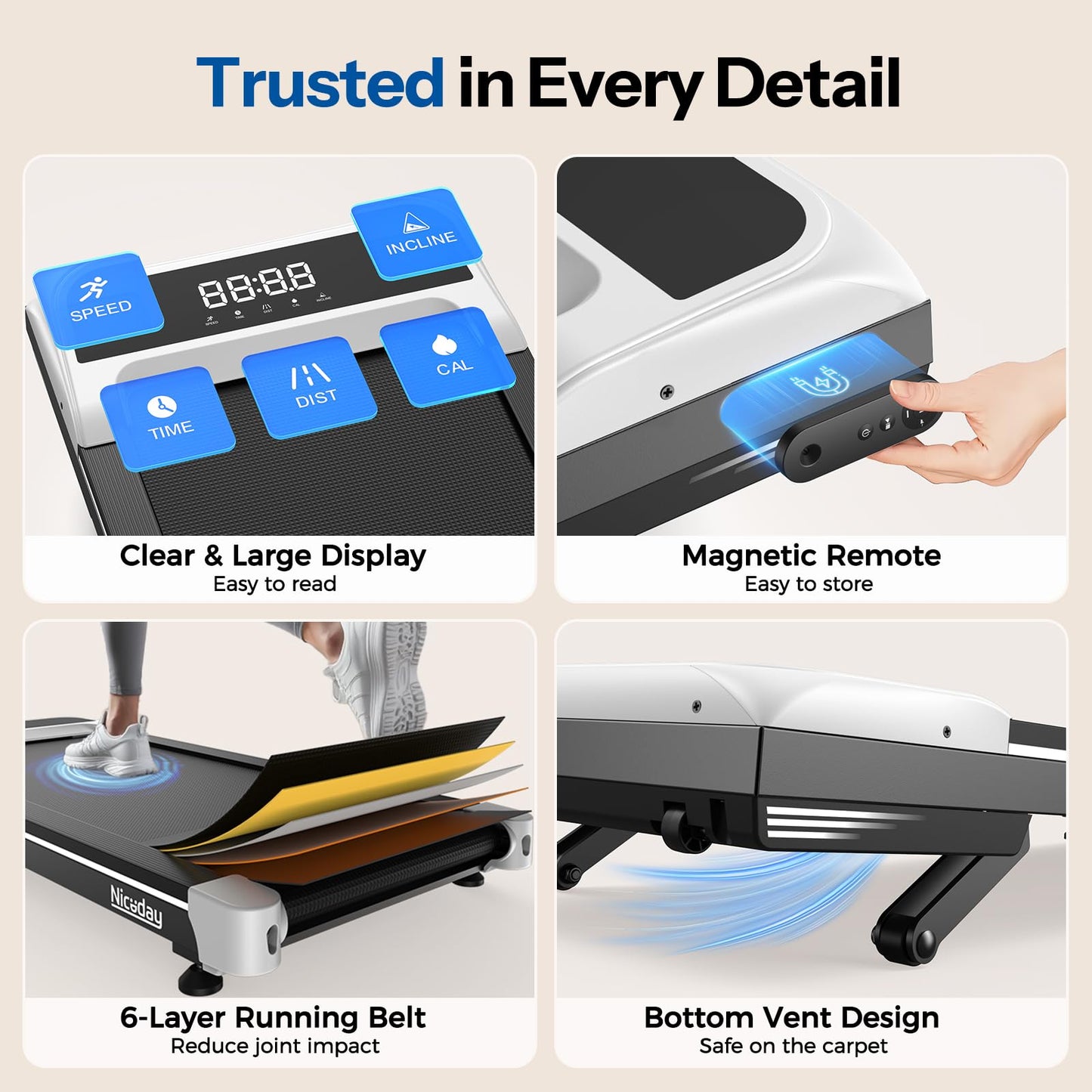 Niceday Walking Pad Treadmill with 10% Auto Incline, 400lbs Capacity, Under Desk Treadmill for Home Office, 3HP Super Quiet, Magnetic Remote & Preset Goal, White