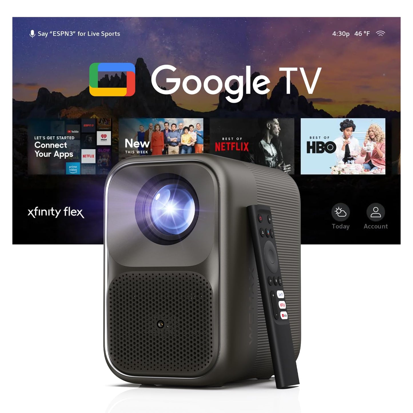 WEMAX Smart Google TV Projector with Licensed Netflix, 4K Decoding, 500 ISO Lumens, Outdoor Movie Projector with WiFi and Bluetooth, FHD 1080P Projector for Home Theater with 10W Dolby Audio Speaker