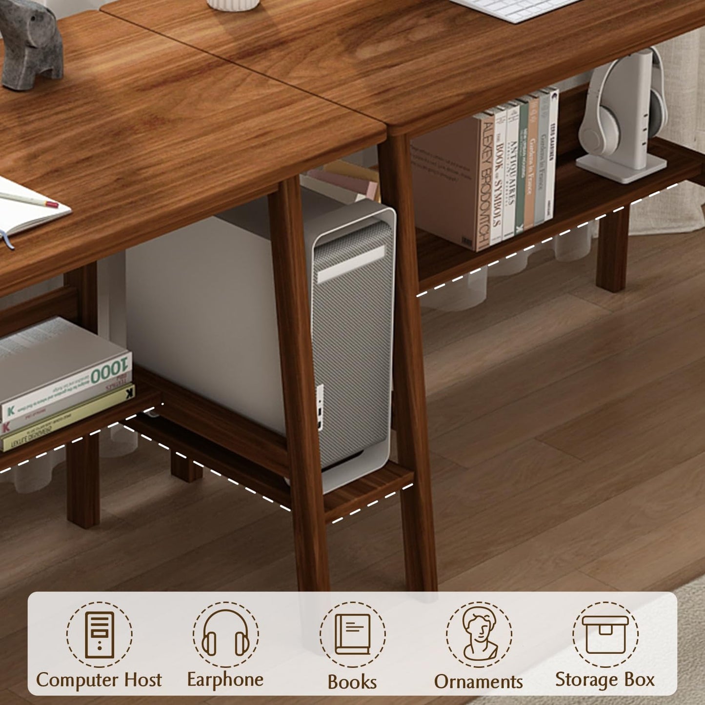 NELYE 2-Person Writing Desk with Bookshelf - 110" Wooden Extra Long Home Office Work Table, Double Study Computer Workstation with Storage Shelves in White, 110" W x 24" D