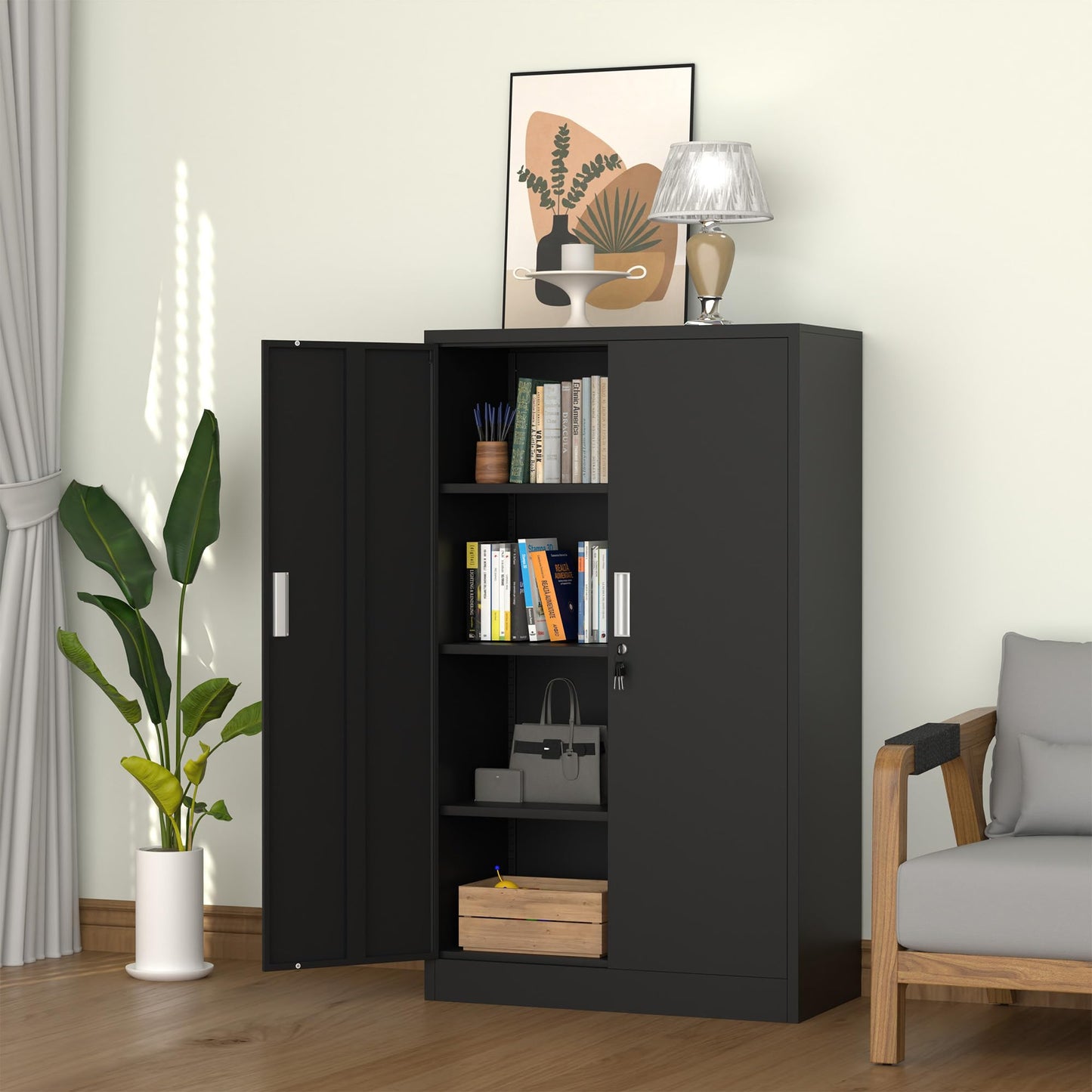 iJINGUR Metal Storage Cabinet with Locking Doors and Adjustable Shelves, 53.5-Inch Tall Lockable Storage Cabinets for Home Office Garage Kitchen Pantry (Black)