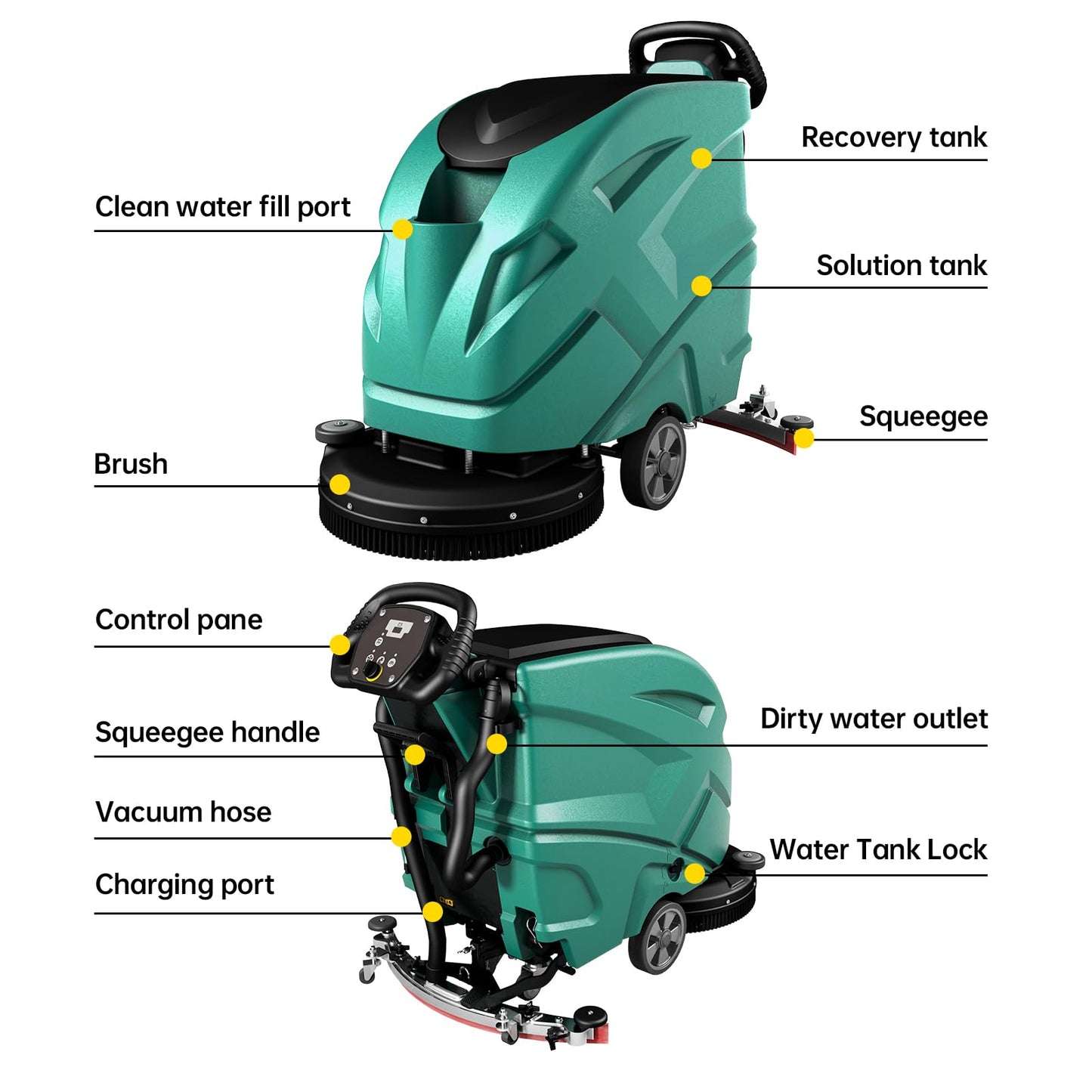 Commercial Floor scrubber machine, 21" Cleaning Width, 32.6" Suction Width, 15.9 Gallon Solution Tank, 15.9 Gallon Recovery Tank, 32000 Sqft/h, 5.5 Hours Runtime