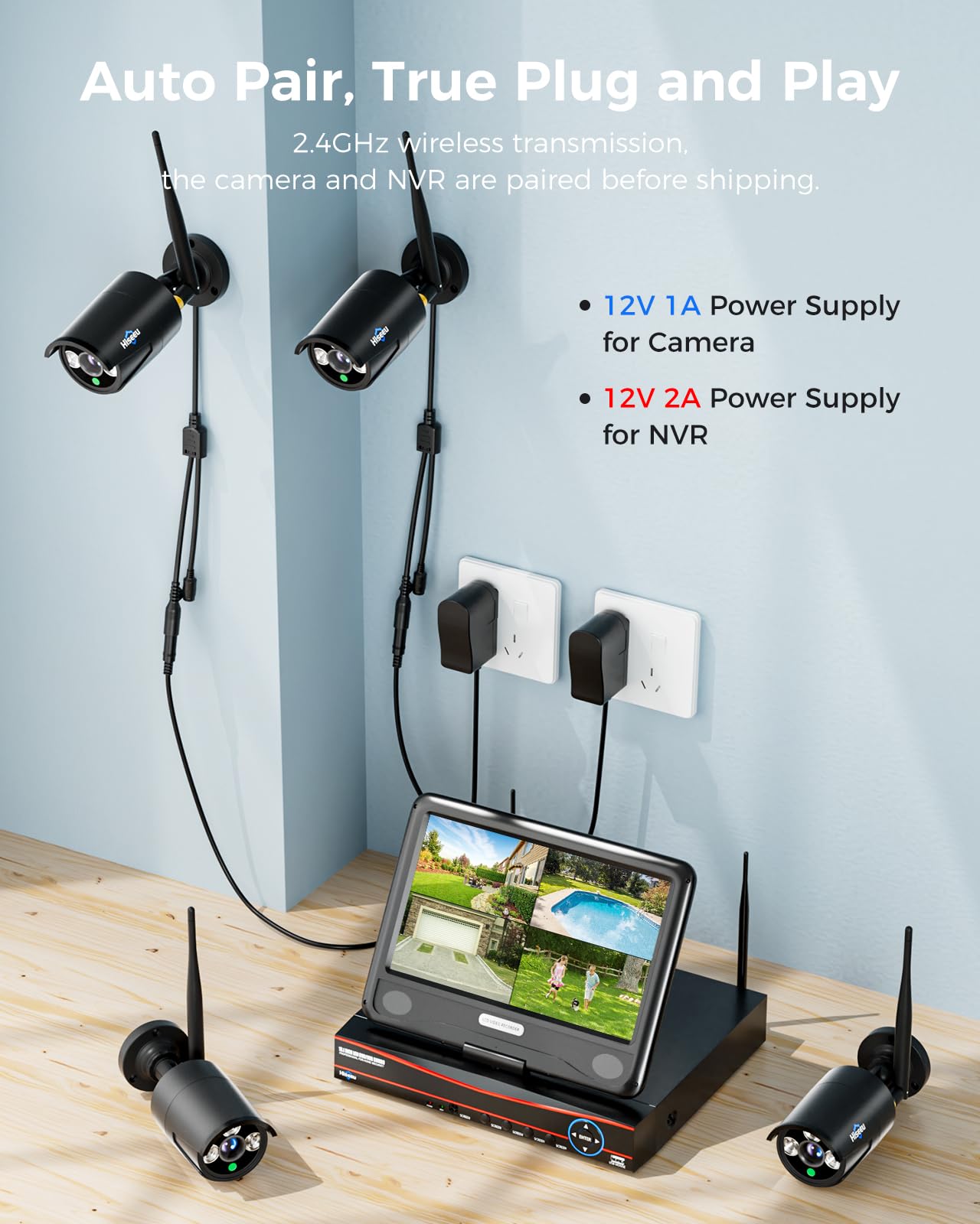Hiseeu Home Security Camera System, 24/7 Recording Wired Plug-in Powered 4Pcs 5MP Outdoor Cameras, 10.1" LCD 16CH 8MP NVR&Monitor, One-Way Audio, Motion Detection, 1TB HDD, 2.4G/5G Wireless WiFi Pro