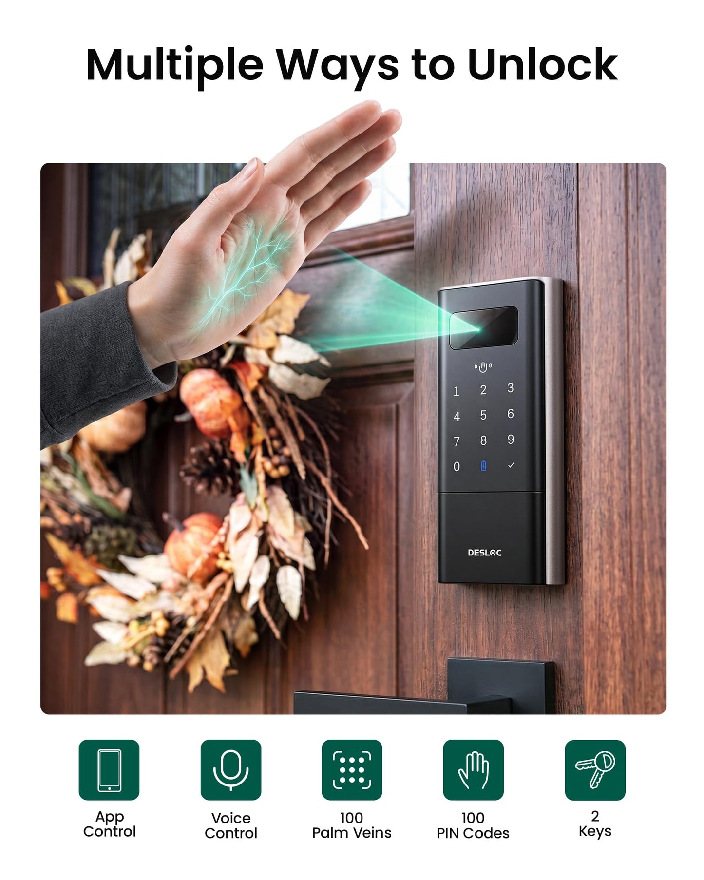 DESLOC Smart Lock K140 Plus with Palm Vein Recognition, Keyless Entry Door Lock with Keypad Deadbolt, App Control, Auto Lock Digital Door Lock for Front Door with Mechanical Key Backup, Black
