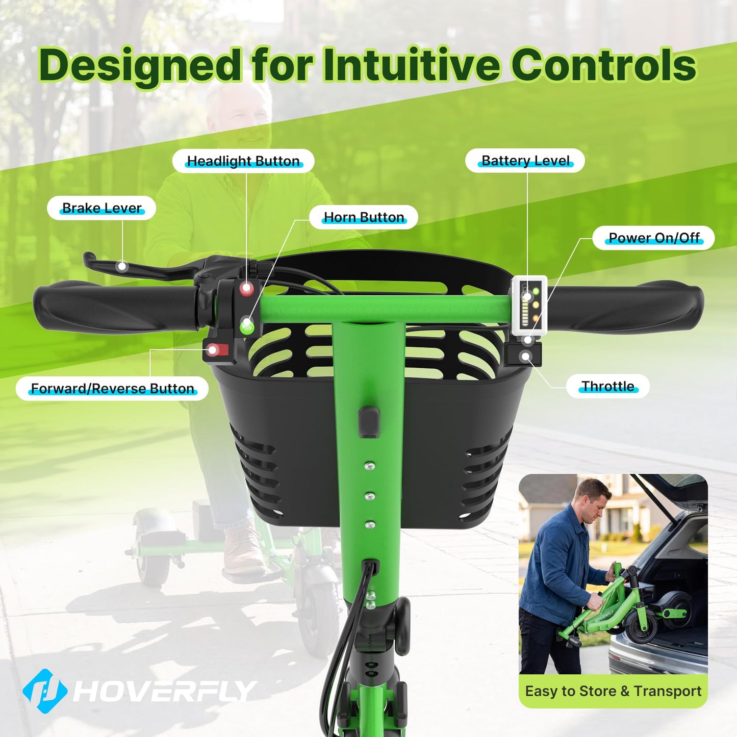 Hoverfly T3 Folding Powered Mobility Scooter for Seniors, Portable 3-Wheel E-Scooter with Seat, 13-Mile Range Safe LiFePO4 Battery, 264lbs Load&Solid 8" Tires, Fits in Car Trunks for Daily Rides Green
