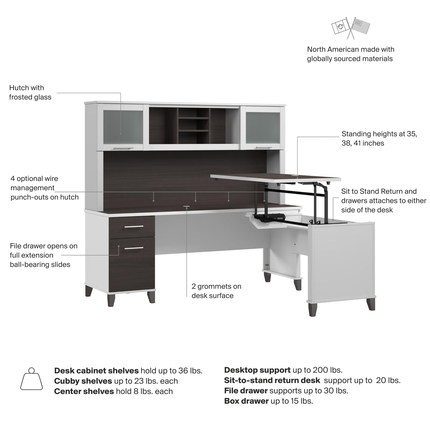 Bush Home 72-Inch L-Shaped Sit to Stand Desk with Hutch, Adjustable Height Standing Corner Computer Desk with Drawers, Shelves, Storage Cabinet, Home Office, Somerset Collection, Storm Gray and White