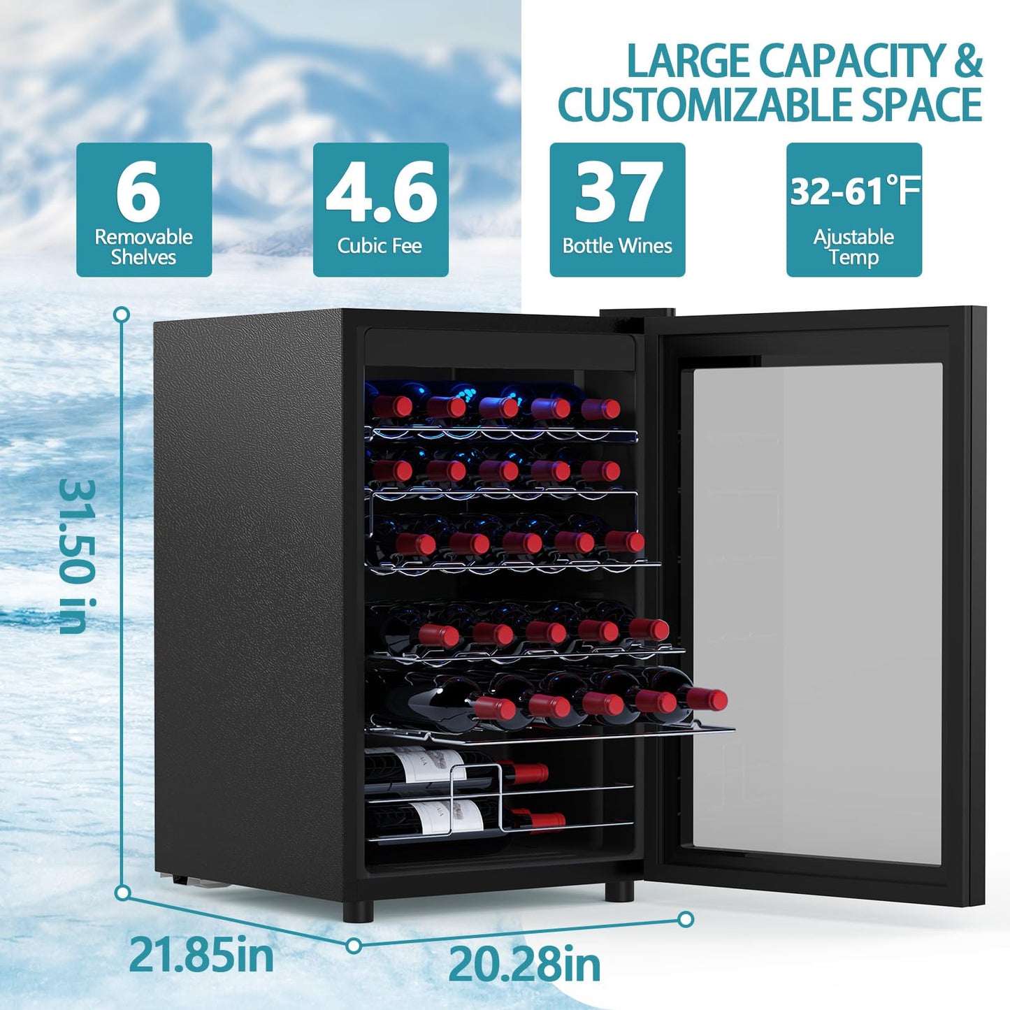 COWSAR 37 Bottle Wine Fridge, Freestanding Commercial Beverage Refrigerator with Smart Temp Control, 4.45 Cu.Ft Mini Fridge Wine Cooler with Child Lock& Wavy Wire Shelves for Kitchen Bar, Black
