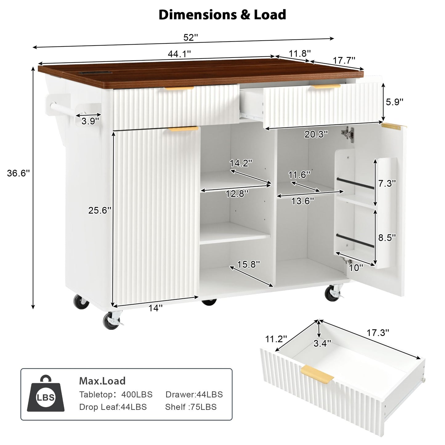 Merax Farmhouse 52 inch Kitchen Island on Wheels with Drop Leaf Table, Power Outlet, Wood Kitchen Rolling Cart with Faux Marble Top & 2 Doors & 2 Drawers, White