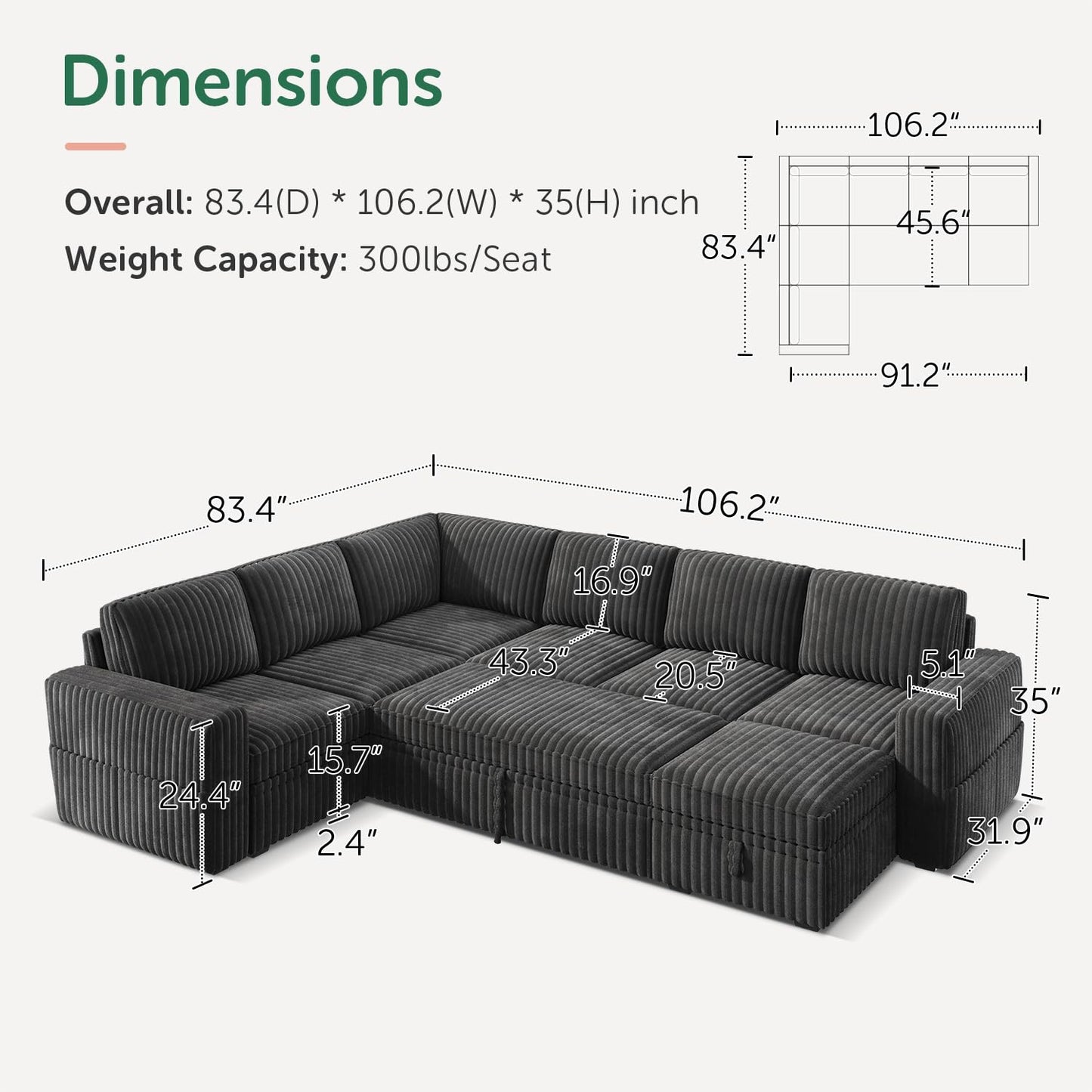 HONBAY Modular Sectional Sleeper Sofa with Pull Out Bed,Corduroy U Shaped Couch with Storage, Sectional Couches for Living Room,Dark Grey