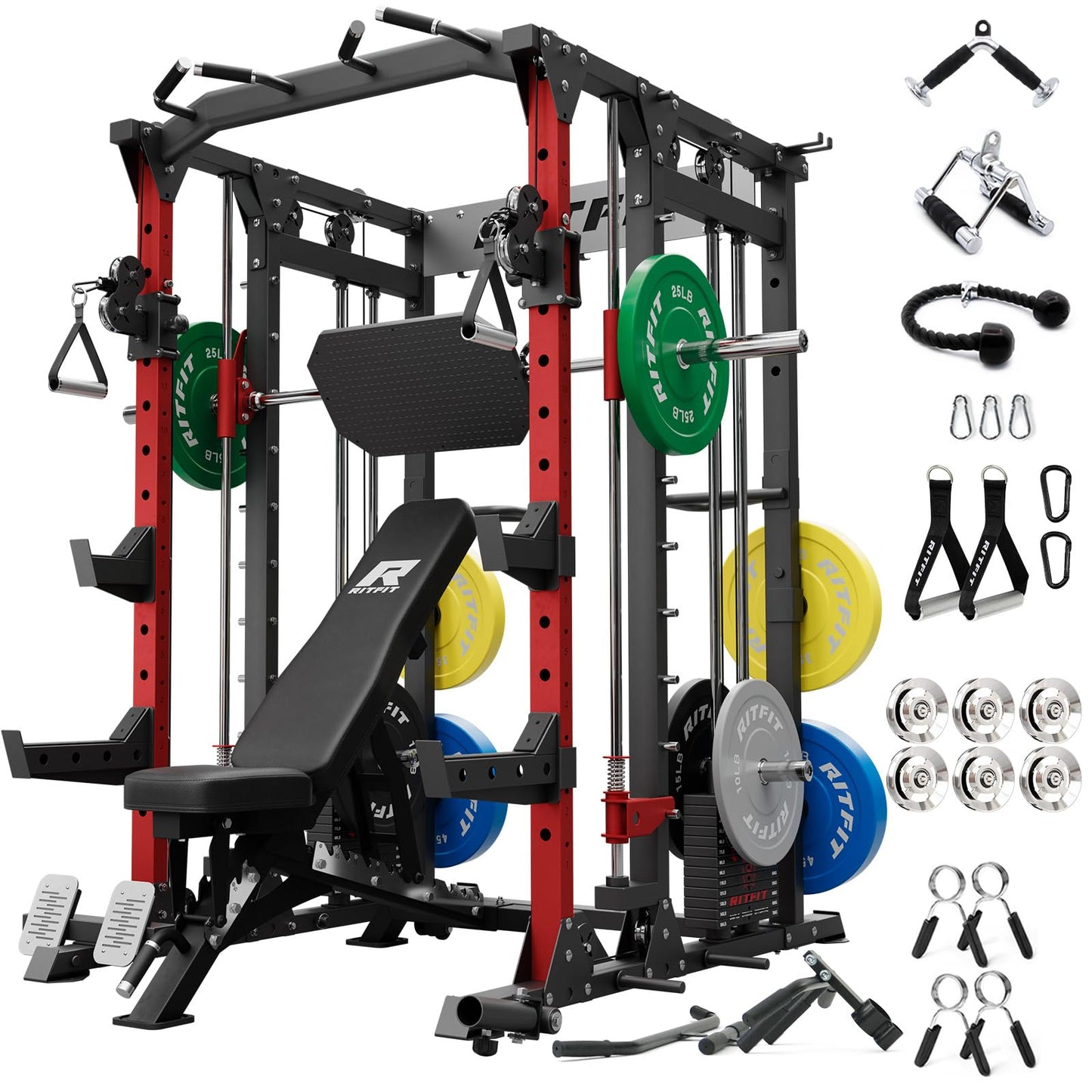 RitFit Buffalo Smith Machine Package, All-in-One Power Cage with Weight Stack , Power Rack with Cable Crossover & Leg Press Attachment for Home Gym(RED,CP260)