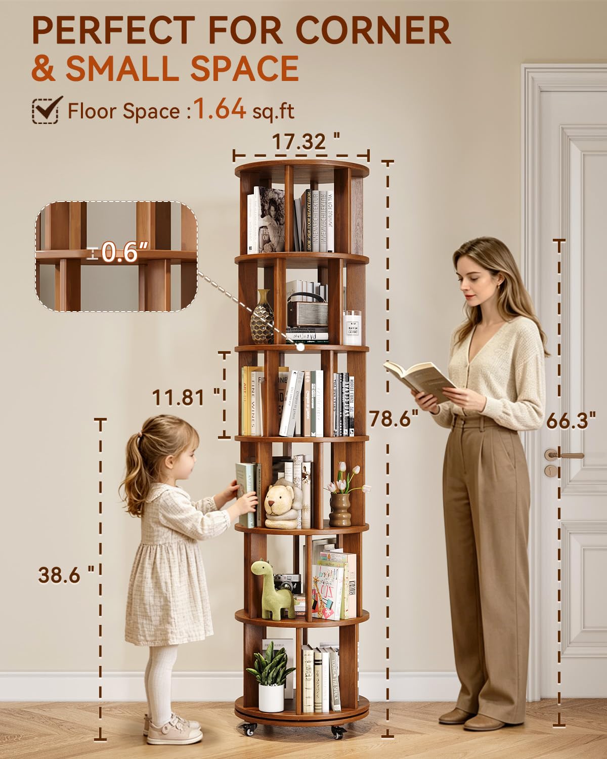 IUNVR Rotating Bookshelf, 6 Tier Solid Wood Bookshelf Tower with Lockable Wheels, 360° Spinning Revolving Bookcase for Small Spaces, Corners, Bedroom, Kids Room, Home Office, Walnut