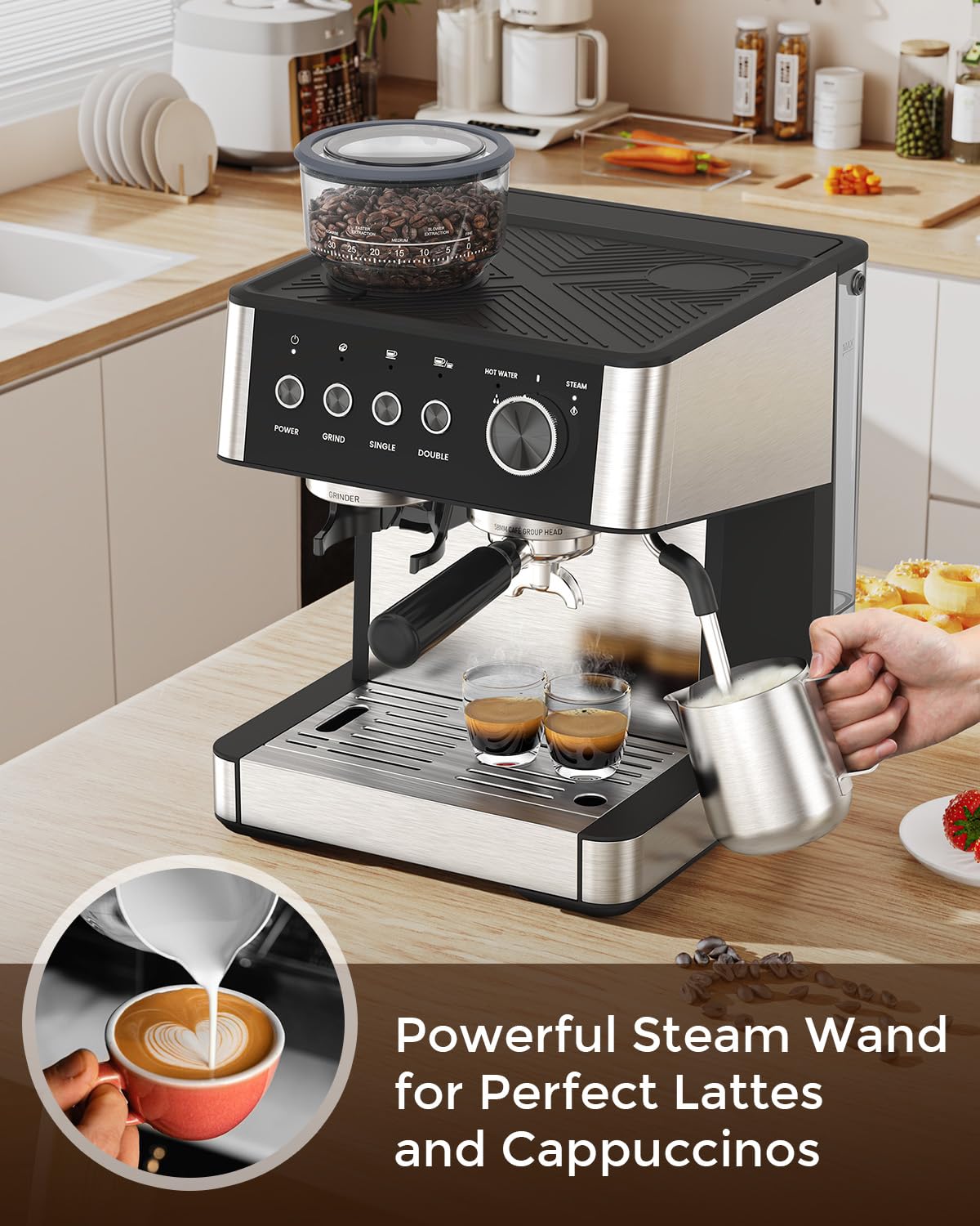 (2026 Upgrade) Espresso Machine with Grinder, Expresso Coffee Machines with Built-in Anti-Clog Coffee Grinder/Milk Steam Wand/Frother, Expresso Machines for Home Perfect Cappuccino & Latte-Gloss Black