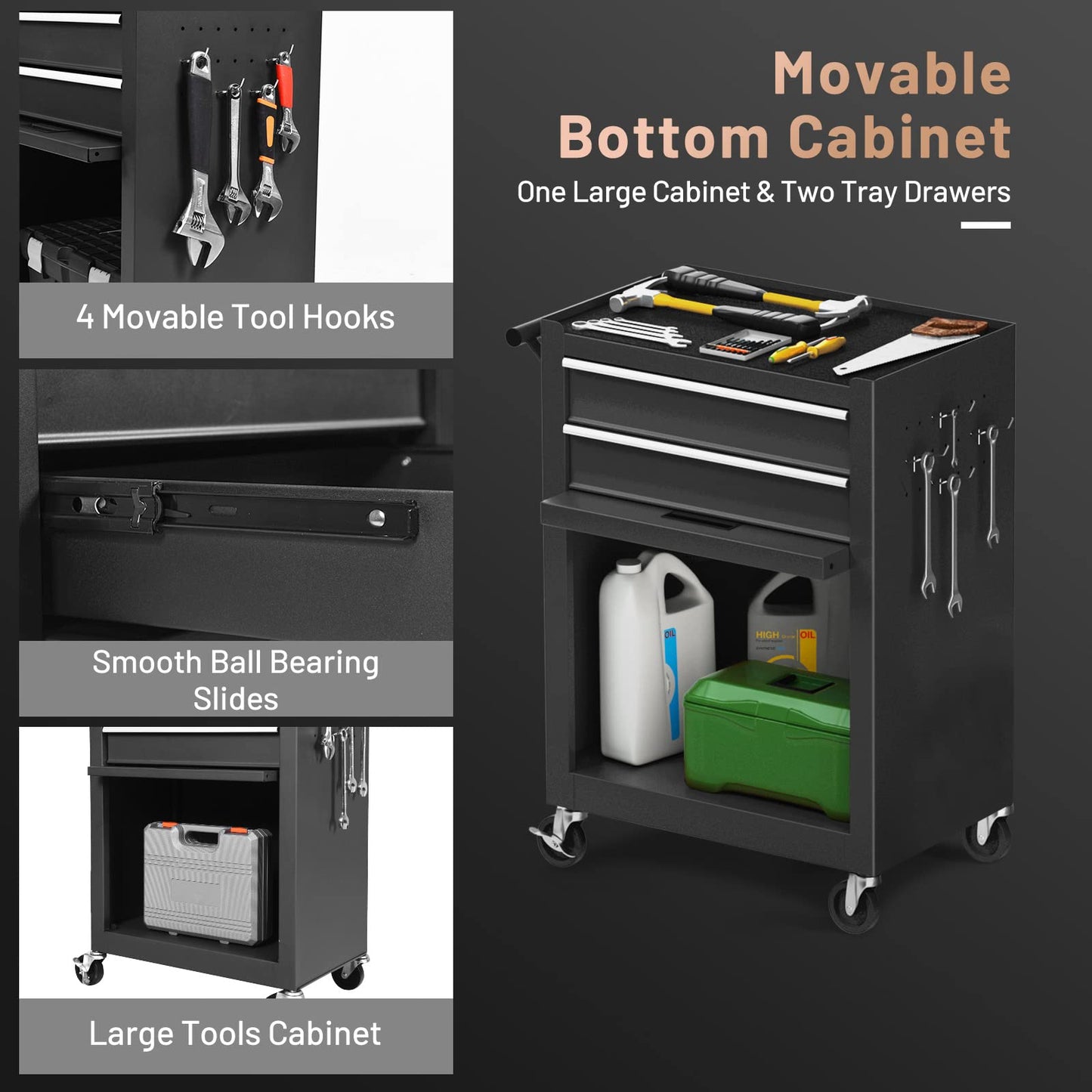 ERGOMASTER Rolling Tool Chest - Removable Top Box Large Bottom Cabinet with Casters and Lock System Tool-Box - Heighten 6-Drawer Black