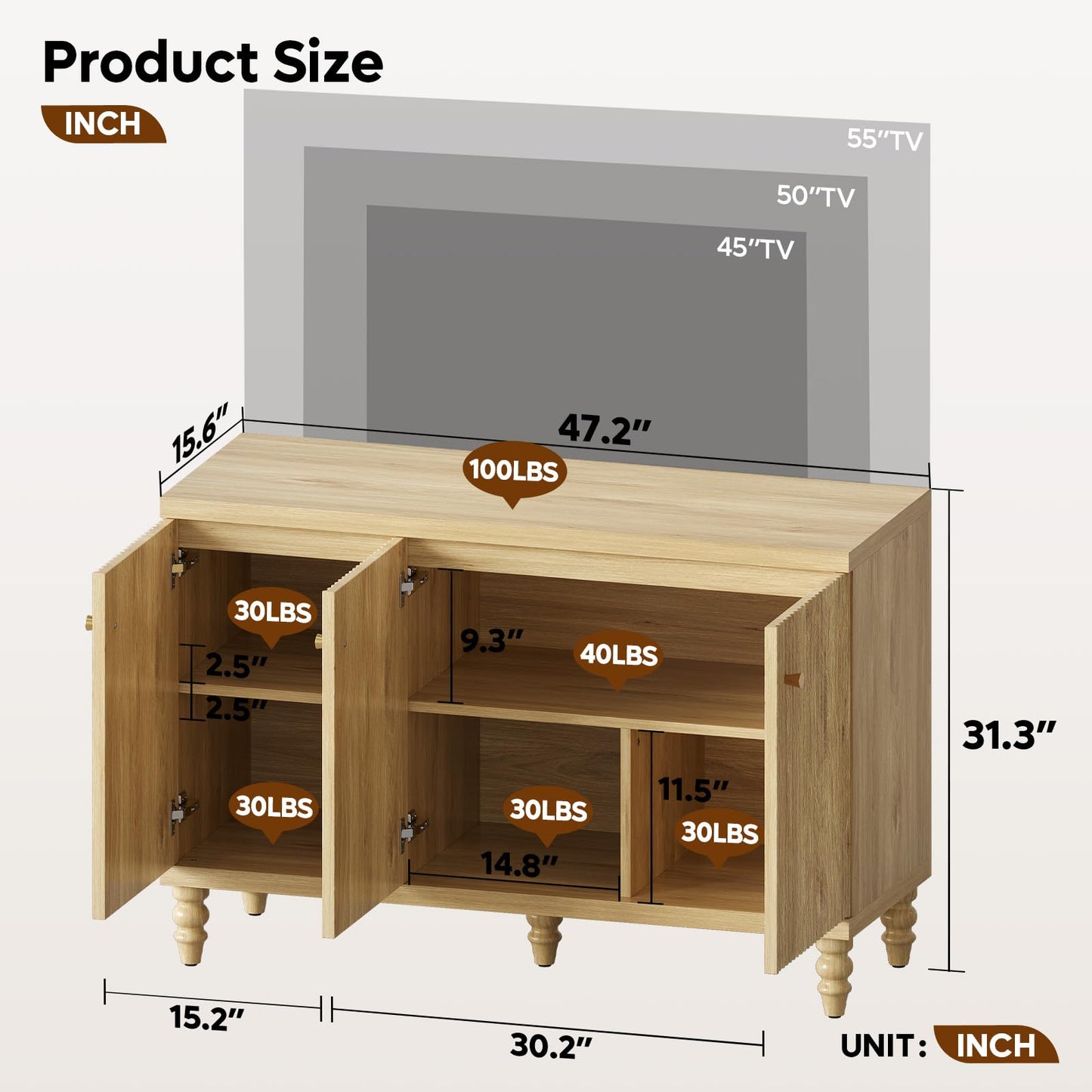 Bestier Modern Fluted TV Stand for 55 inch TVs, Wood Entertainment Center with Storage, Mid Century TV Stand with 3 Fluted Doors, Adjustable Shelves,Media Console Cabinet for Living Room, Natural Oak