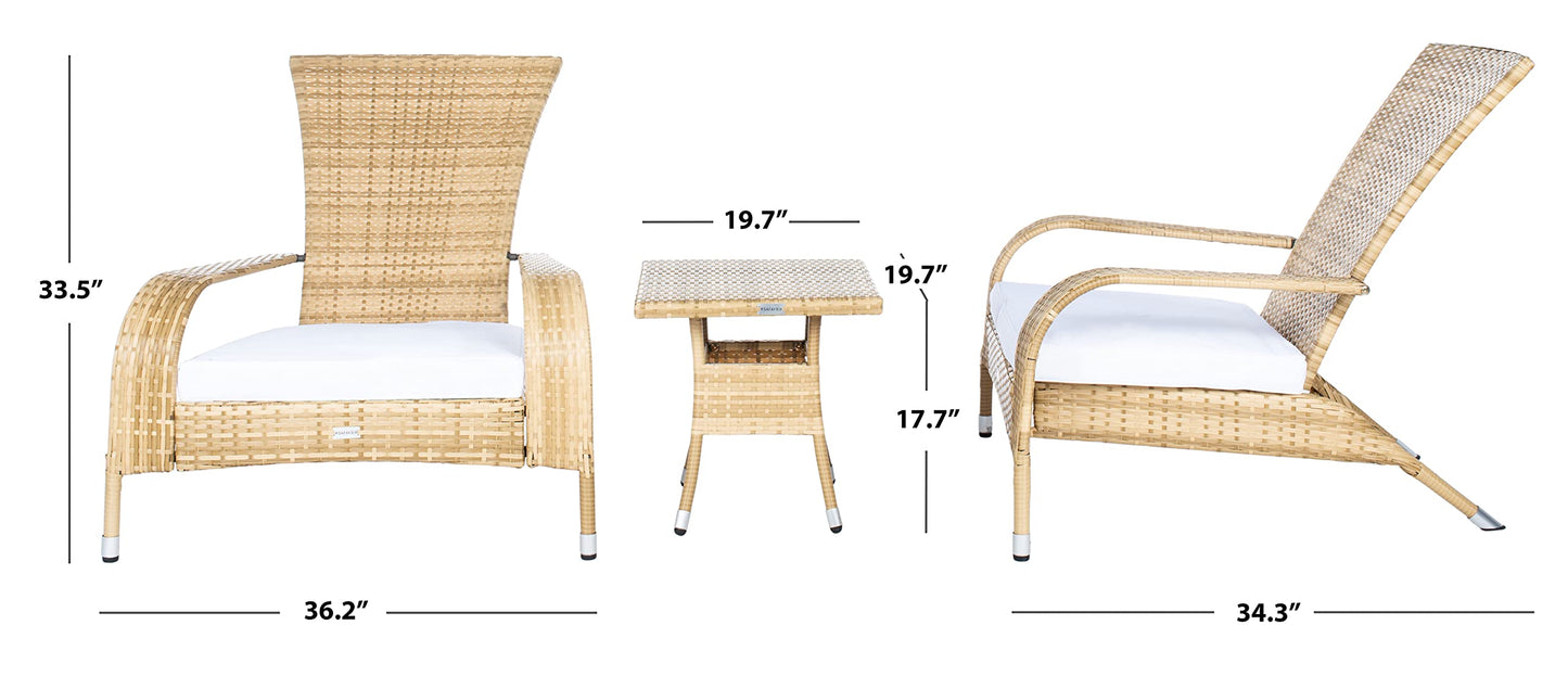 SAFAVIEH Outdoor - Edna 3-Piece Lounge Set - Natural & White - Steel Frame & Faux Rattan with Cushion - Wingback Tropical French Design - Ideal for Patio, Deck, Porch, Backyard (PAT7719D)