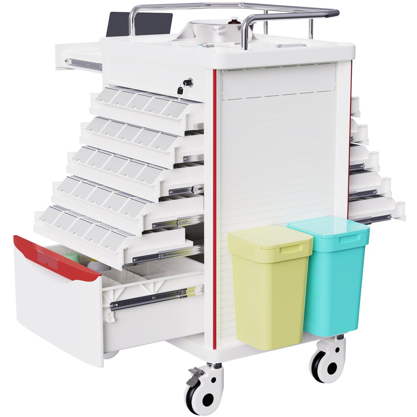 OLERN Medication Bins Cart with 200 Bins, 10 Drawers - Dual-Sided Open, 50 Medicine Boxes, Hidden Sub Workbench, Silent Casters, Container, 2 Trash Bin-Medical Crash Cart for Clinic, Hospital and Lab