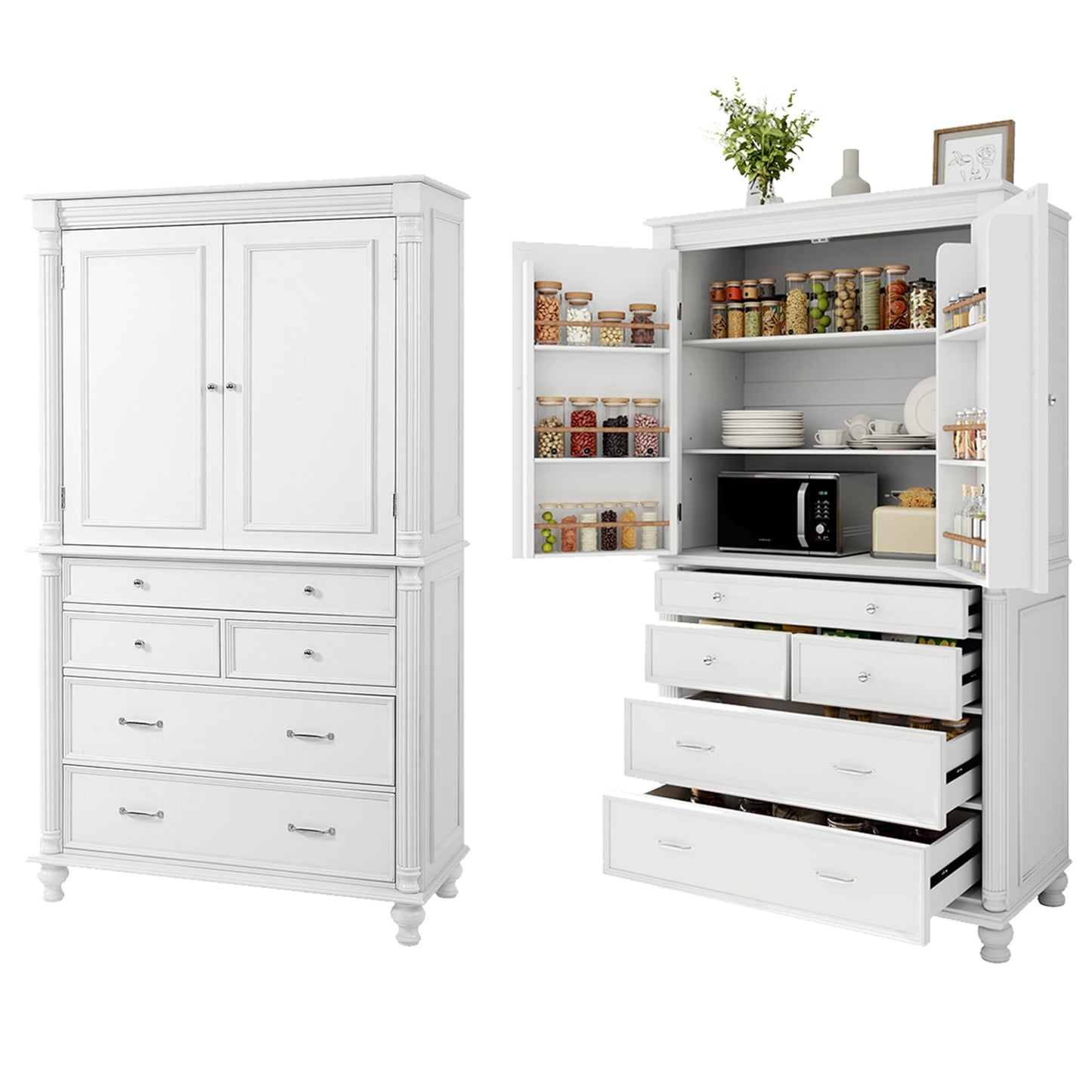 Merax 77" Tall Large Kitchen Pantry Storage Cabinet with 2 Doors & 2 Adjustable Shelves & 5 Drawers & 6 Side Door Shelves, Modern Freestanding Food Pantry for Dining Room, Living Room, White