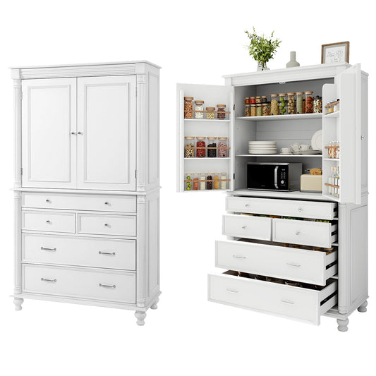 Merax 77" Tall Large Kitchen Pantry Storage Cabinet with 2 Doors & 2 Adjustable Shelves & 5 Drawers & 6 Side Door Shelves, Modern Freestanding Food Pantry for Dining Room, Living Room, White