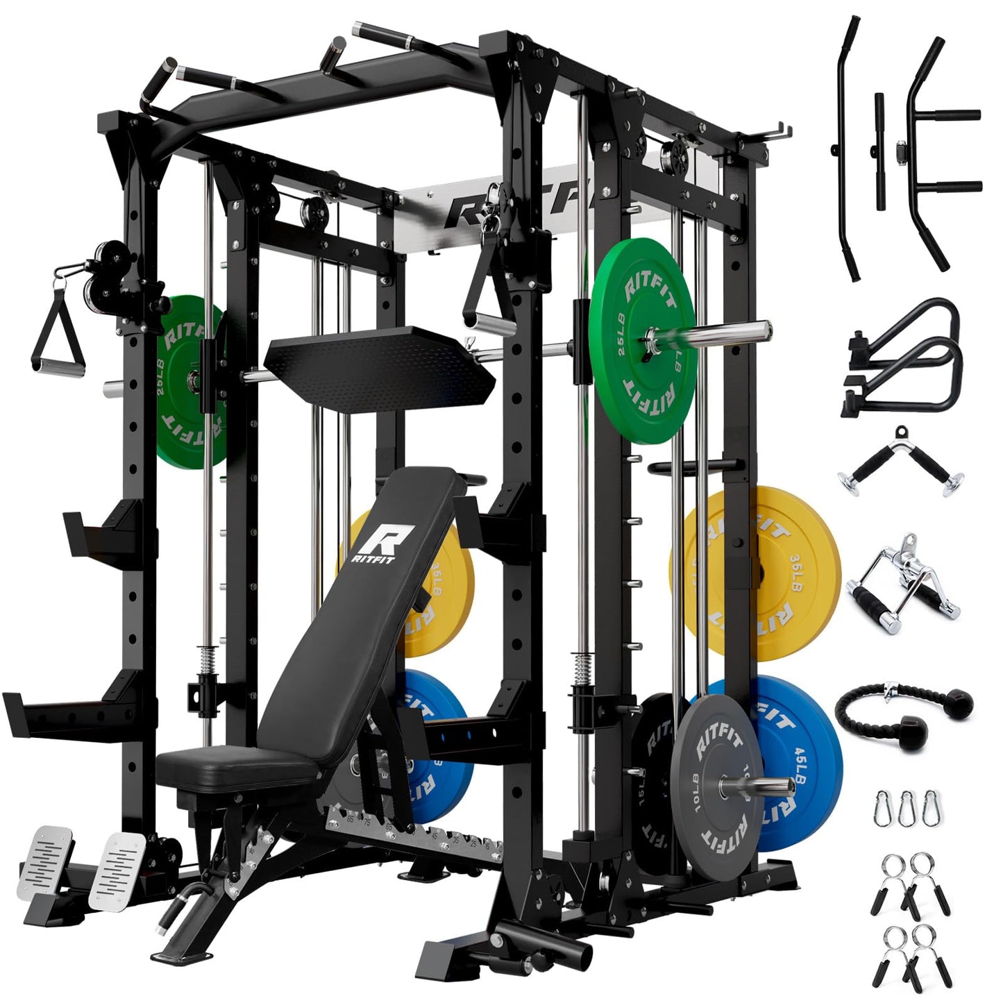 RitFit Buffalo Smith Machine, Power cage with LAT-Pull Down System & Cable Crossover System, All-in-One Squat Rack for Home Gym, Power Rack