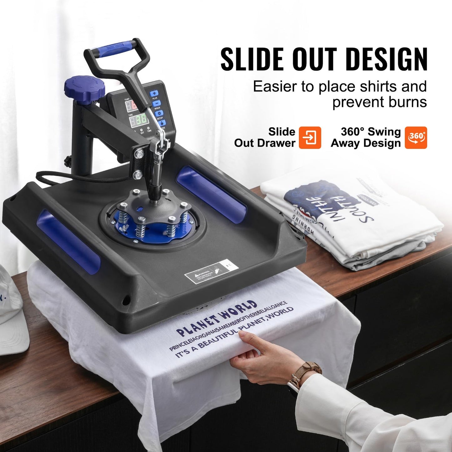 VEVOR 5 in 1 Heat Press Machine, Heat Transfer Machine with 30 oz Tumbler Press, 15 x 15 inch, 360° Swing Away T-Shirt Pressing, Fast Even Heating, for T-Shirts/Mugs/Plates/Hats, Black+Blue