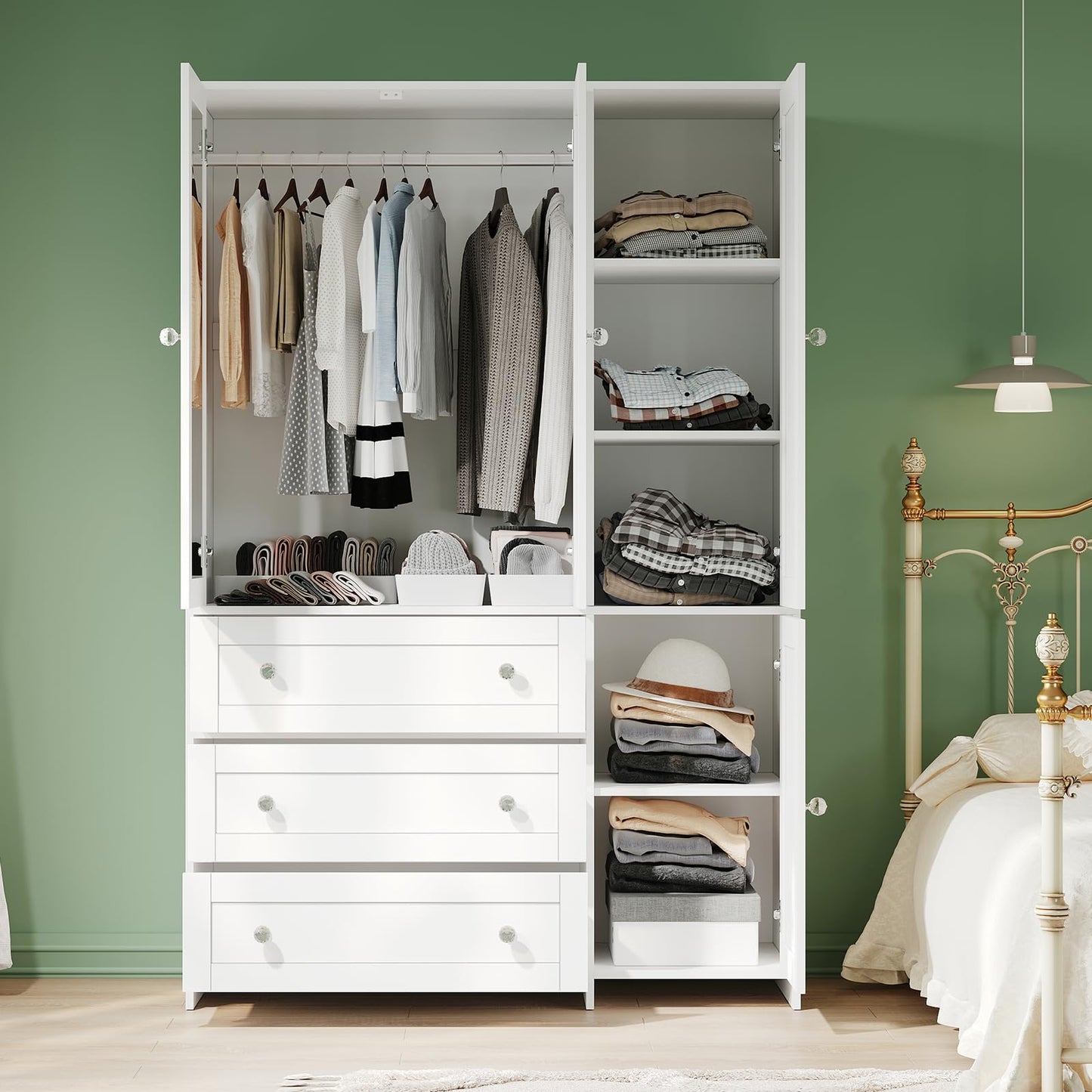 VOWNER Armoire Wardrobe Closet with Drawers and Mirror, 71" Clothing Storage Cabinet with Hanging Rod, 4 Doors Wooden Wardrobe Cabinet for Bedroom, Large Capacity Storage