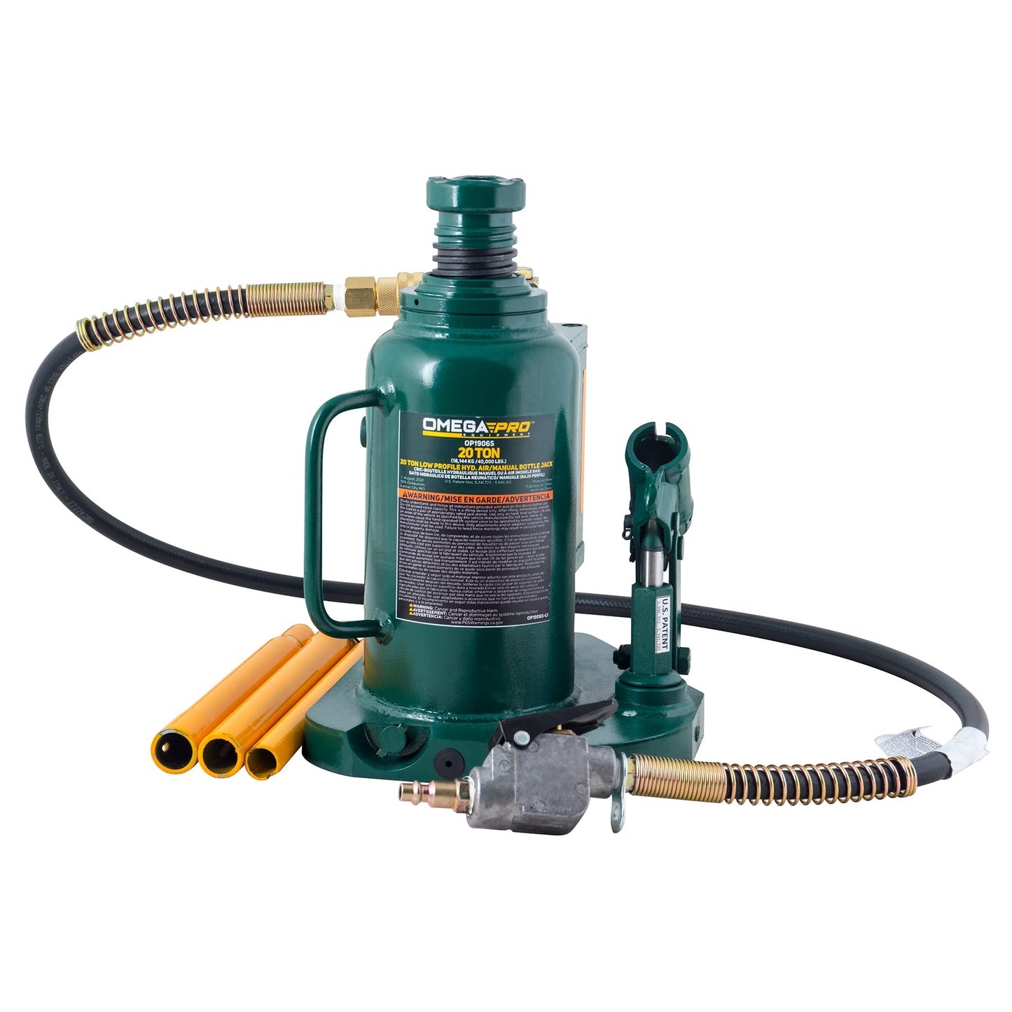 Omega Pro Air Hydraulic Bottle Jack - Low Profile with Manual Hand Pump for Heavy Duty Auto Truck Repair - 20 Ton Capacity, Green (OP1906S)