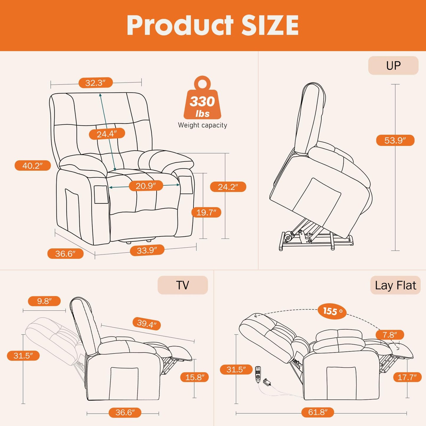 Sweetcrispy Power Lift Recliner Chair with Vibration Massage and Heat for Adults, Ergonomic Overstuffed Breathable Fabric Reclining Chair with Side Pockets, Remote Control, Living Room, Bedroom, Brown
