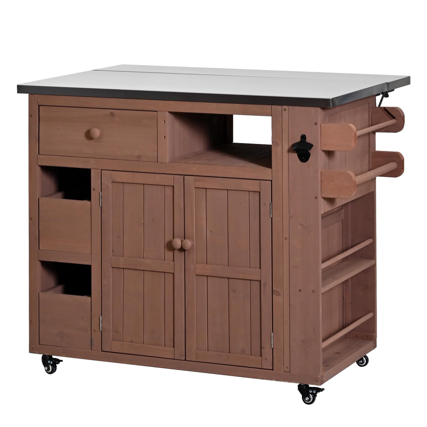 GDFStudio Winford Patio Kitchen Island Cart with Extendable Top, Wooden Outdoor Storage Cabinet with Stainless Steel BBQ Prep Table Top, Drawers, Spice Rack and Lockable Wheels, Potting Bench, Brown