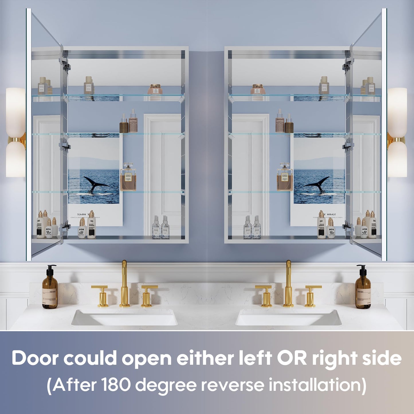 WELLFOR 24" x 36" Bathroom Medicine Cabinet, Anodized Chrome Aluminum Frame, Medicine Cabinet with Adjustable Glass Shelves, Bathroom Cabinet with Reverse Door Installation, Surface or Recess Mount