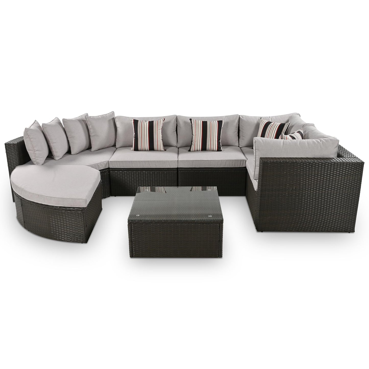 Merax 7-Piece Outdoor Wicker Sectional Sofa Set,Modular Rattan Conversation Set with Gray Cushions,Striped Green Pillows & Tempered Glass Coffee Table for Patio,Garden,Deck,Brown