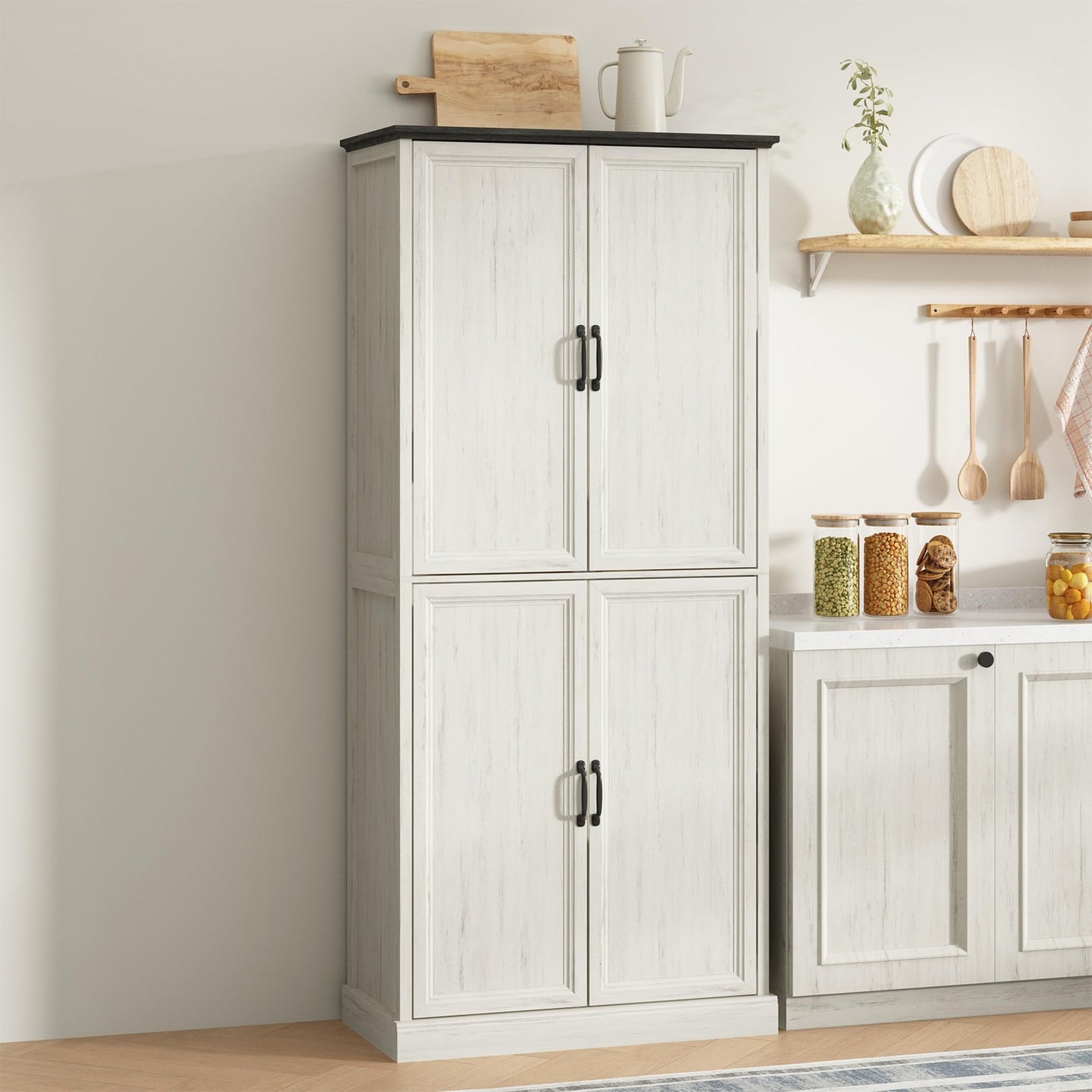Tradare 71'' Tall Pantry Cabinet, Farmhouse Kitchen Pantry Storage Cabinet with Barn Door and Adjustable Shelves, Rustic White Wood Freestanding Cupboard for Kitchen, Dining Room