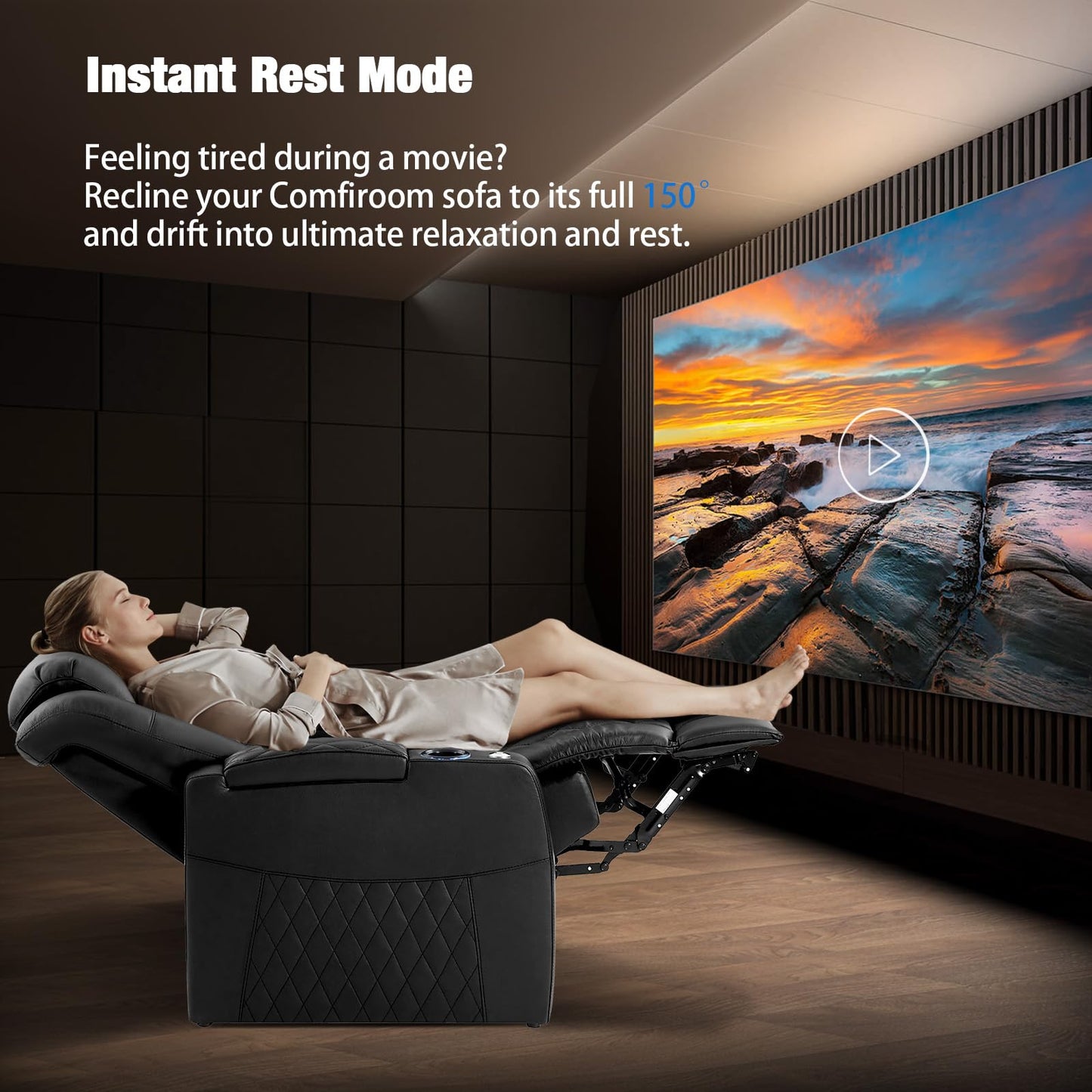 comfiroom Leather Home Theater Seating, Classic Series Game Seats Movie Theater Chairs Recliner Sofa with Type-C USB Charger Port, Bedroom Sofa Chair for Living Room (Black, Row of 1)