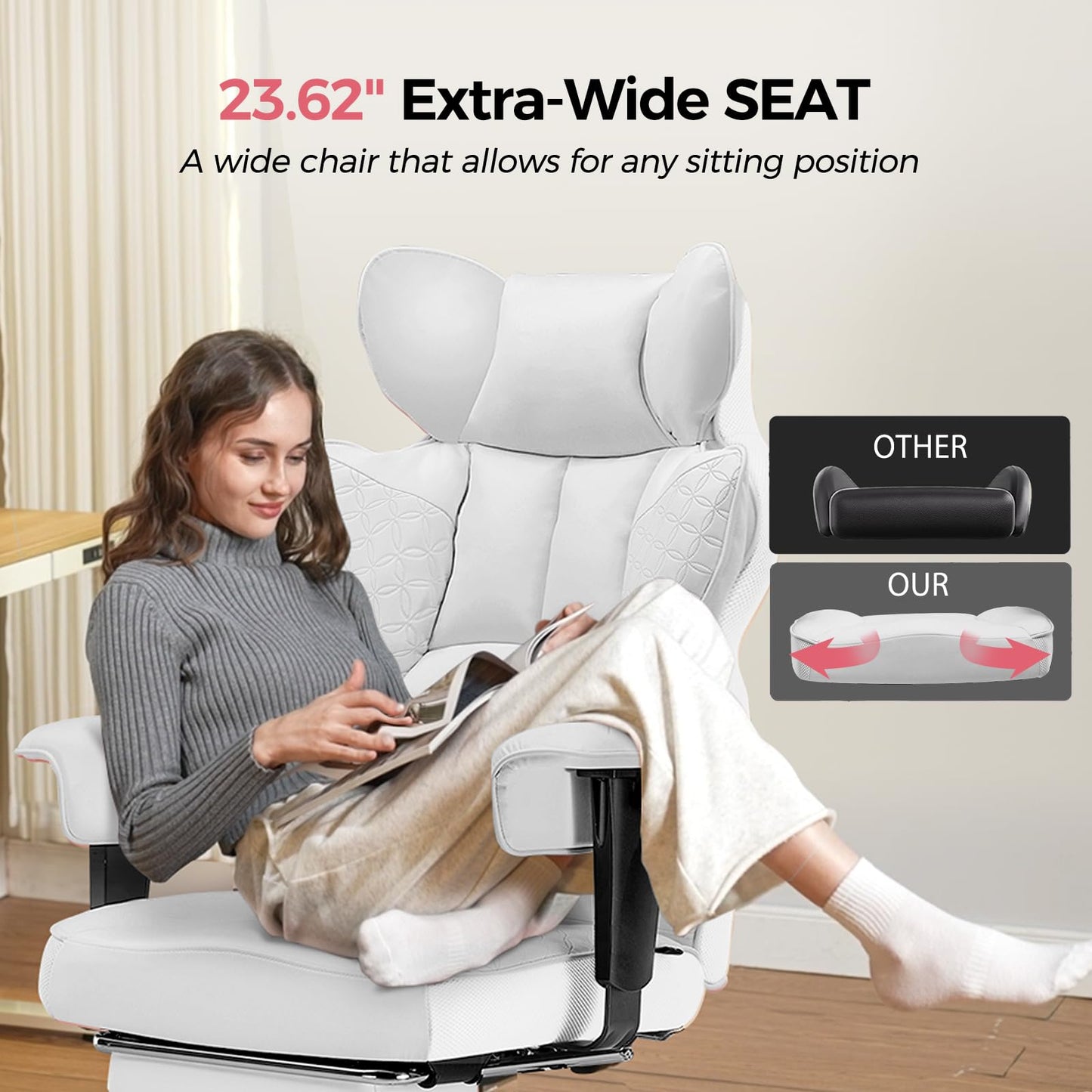 GTPLAYER Big and Tall Gaming Chair 400lbs Heavy Duty Office Chair with Foot Rest & Ergonomic Pocket Spring Lumbar Support, High Back Executive Computer Desk Chair for Lower Back Pain Relief, White